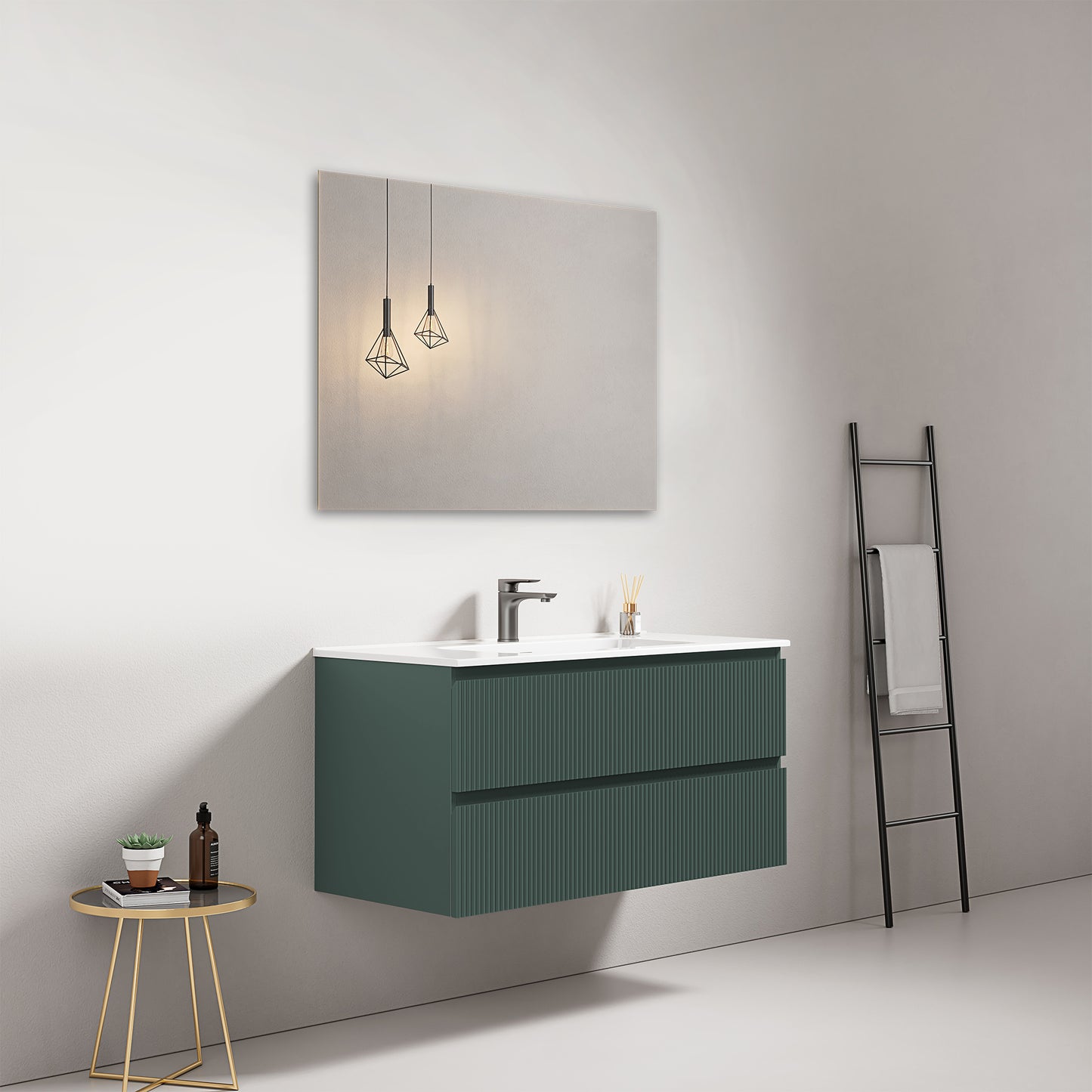 Mobile bagno sospeso cannettato 100 cm Verde Comodoro Lavabo in Ceramica Specchio Quadro - Fiji Paint