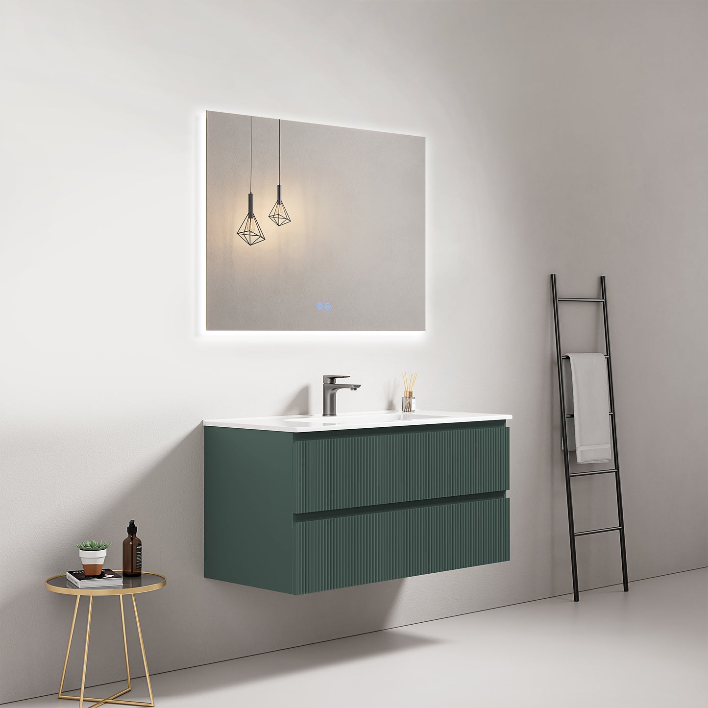 Mobile bagno sospeso cannettato 100 cm Verde Comodoro Lavabo in Ceramica Specchio Quadro Retroilluminato - Fiji Paint