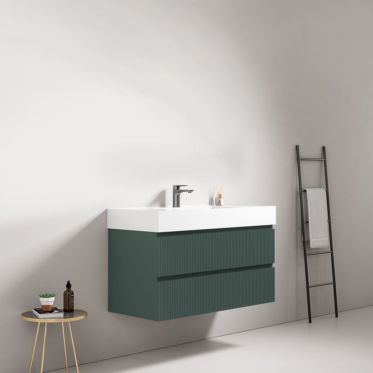 Mobile bagno sospeso cannettato 100 cm Verde Comodoro Lavabo in Resina Senza Specchio - Fiji Paint
