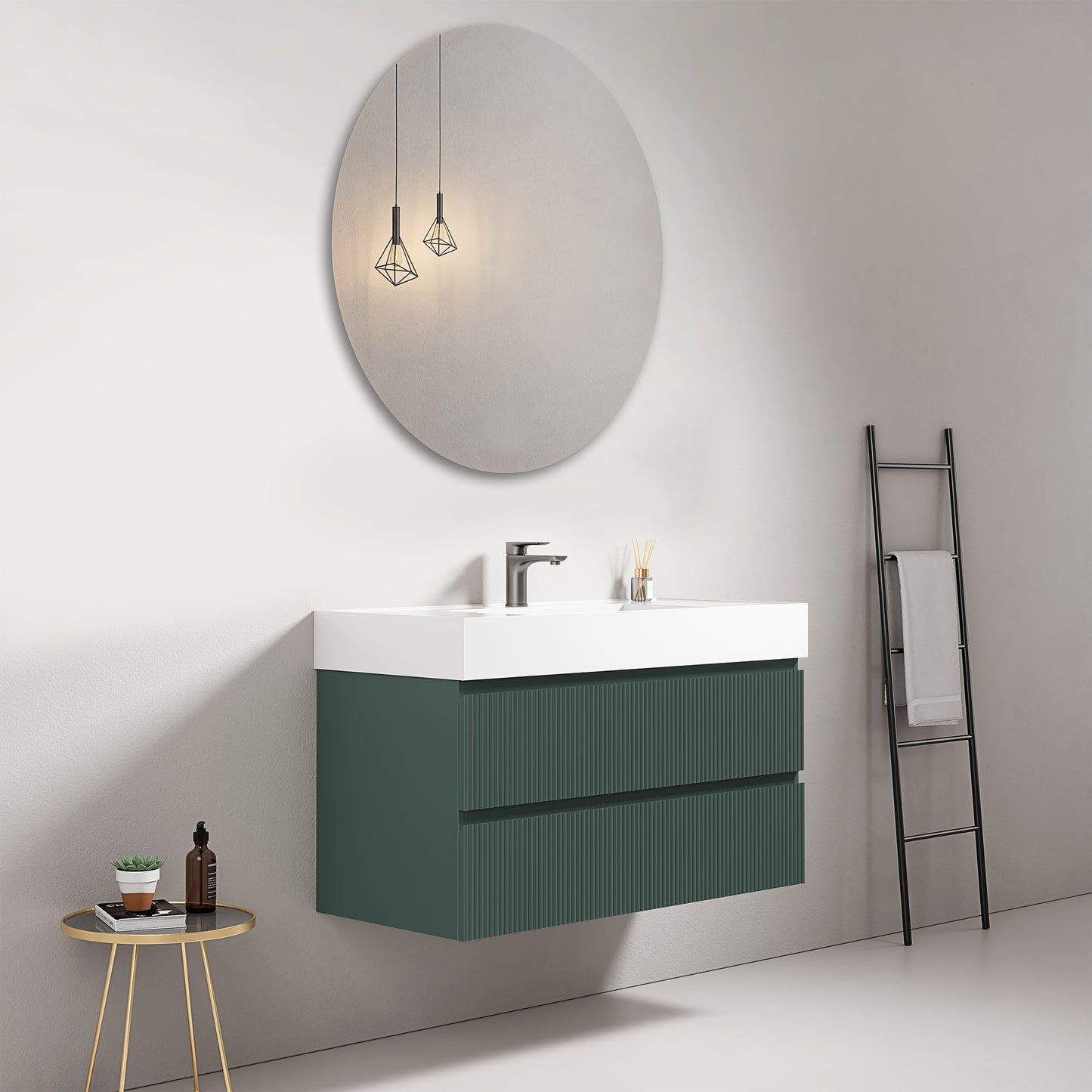 Mobile bagno sospeso cannettato 100 cm Verde Comodoro Lavabo in Resina Specchio Tondo - Fiji Paint