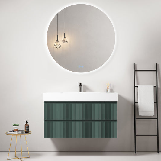 Mobile bagno sospeso cannettato 100 cm Verde Comodoro Lavabo in Resina Specchio Tondo Retroilluminato - Fiji Paint
