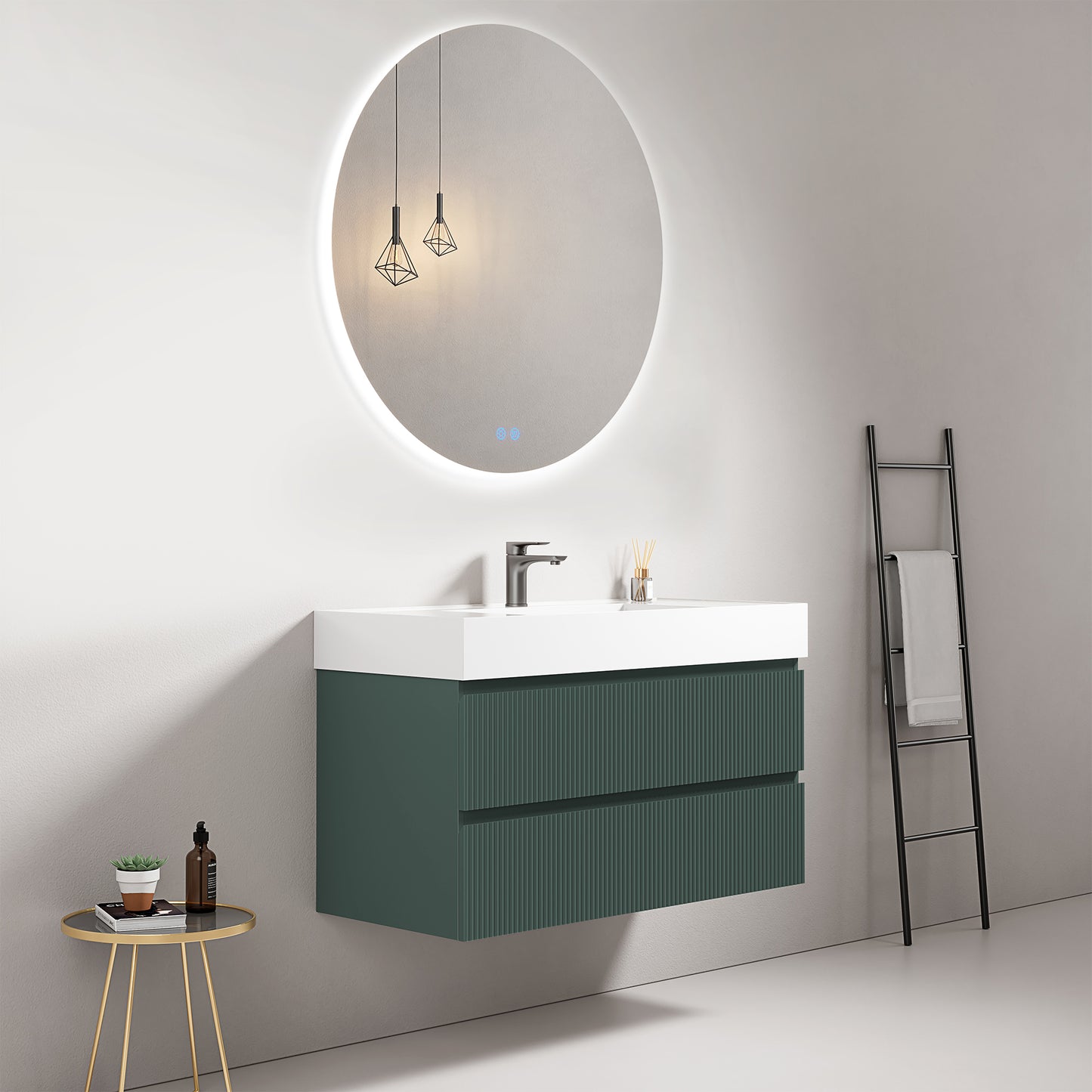 Mobile bagno sospeso cannettato 100 cm Verde Comodoro Lavabo in Resina Specchio Tondo Retroilluminato - Fiji Paint