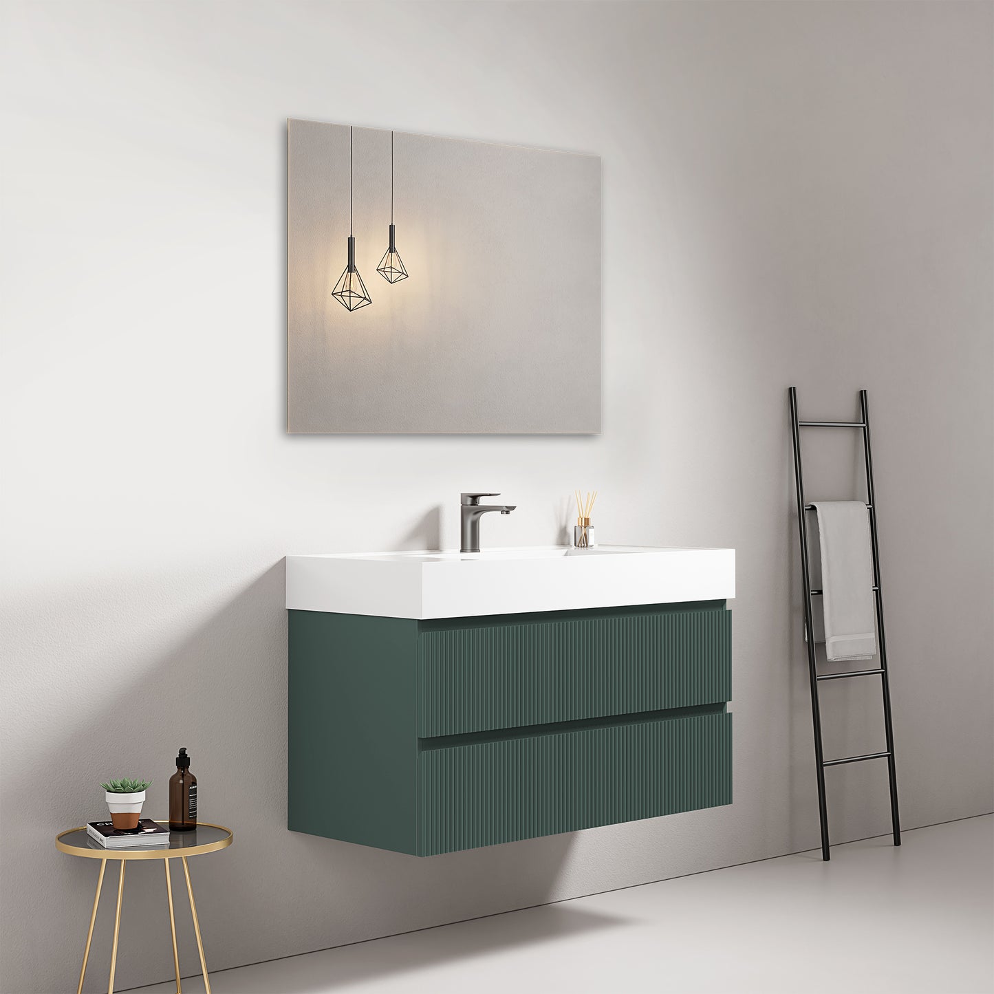 Mobile bagno sospeso cannettato 100 cm Verde Comodoro Lavabo in Resina Specchio Quadro - Fiji Paint