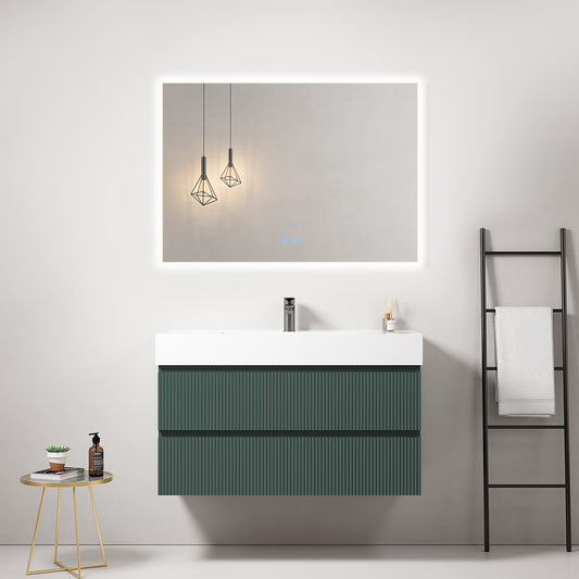 Mobile bagno sospeso cannettato 100 cm Verde Comodoro Lavabo in Resina Specchio Quadro Retroilluminato - Fiji Paint