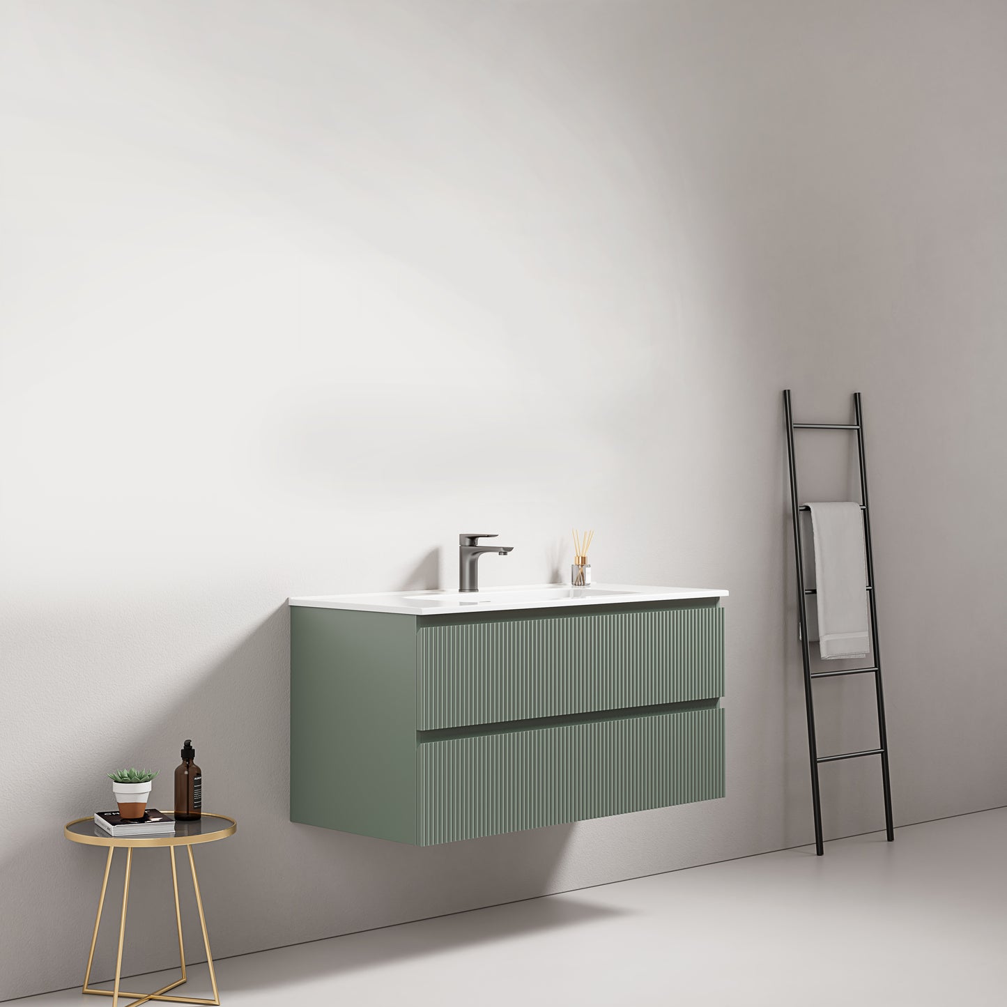 Mobile bagno sospeso cannettato 100 cm Verde Salvia Lavabo in Ceramica Senza Specchio - Fiji Paint