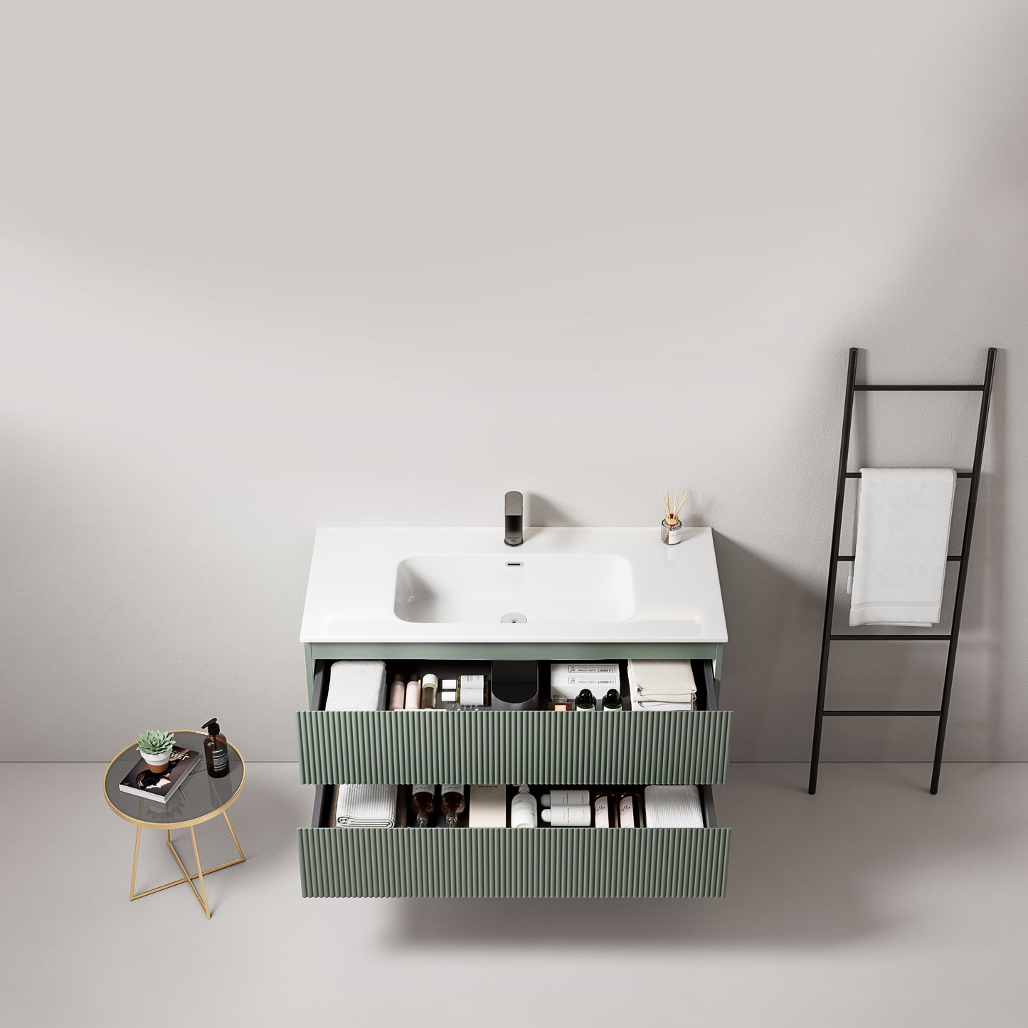 Mobile bagno sospeso cannettato 100 cm Verde Salvia Lavabo in Ceramica Senza Specchio - Fiji Paint