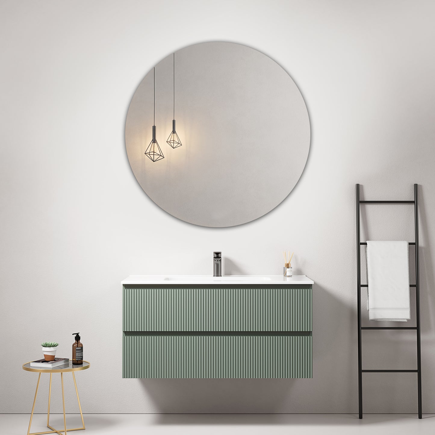 Mobile bagno sospeso cannettato 100 cm Verde Salvia Lavabo in Ceramica Specchio Tondo - Fiji Paint
