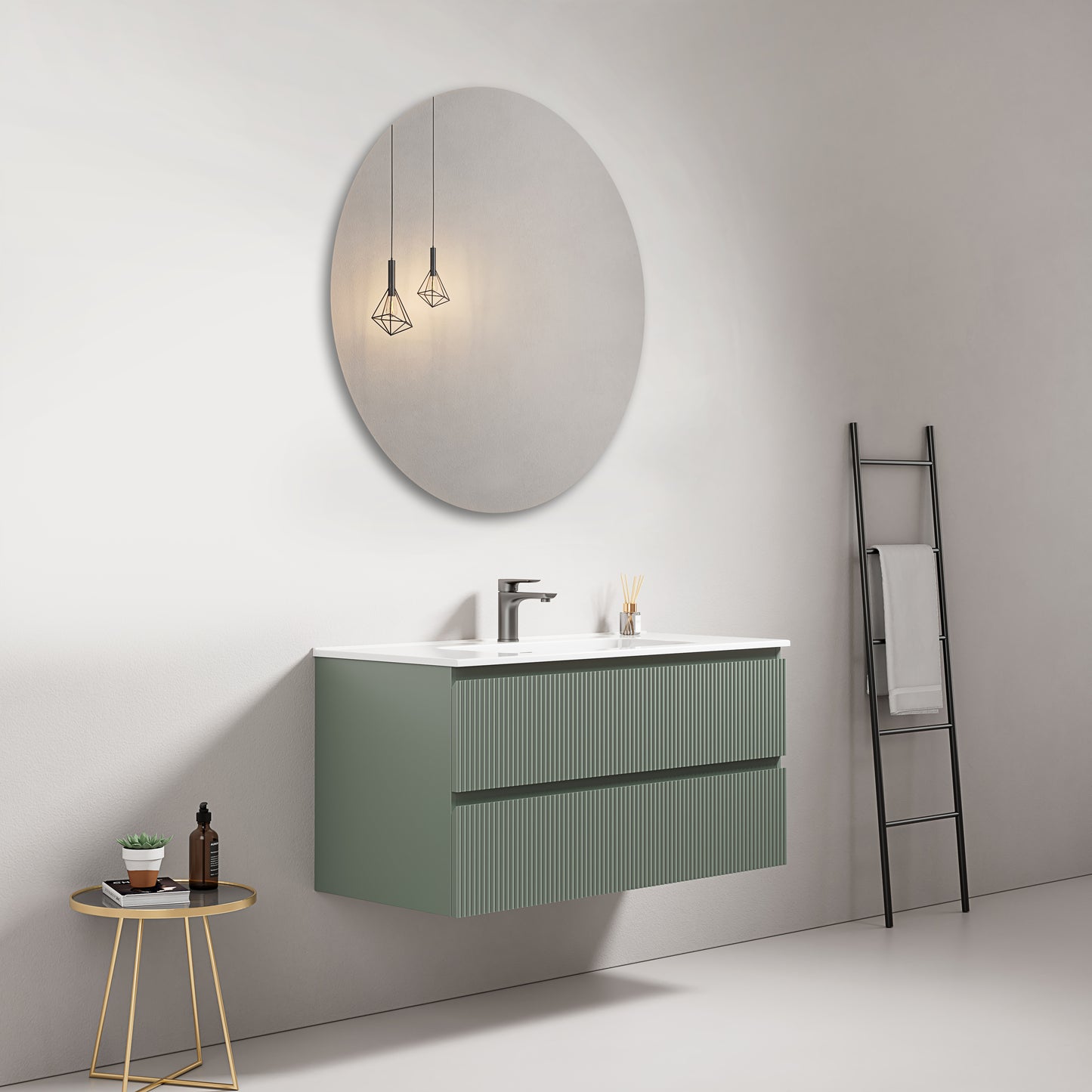 Mobile bagno sospeso cannettato 100 cm Verde Salvia Lavabo in Ceramica Specchio Tondo - Fiji Paint