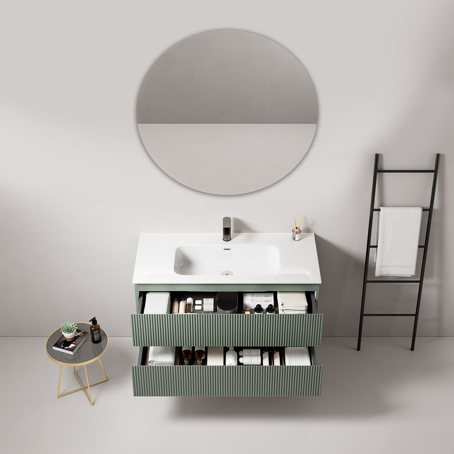 Mobile bagno sospeso cannettato 100 cm Verde Salvia Lavabo in Ceramica Specchio Tondo - Fiji Paint