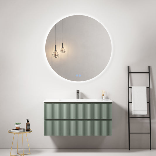 Mobile bagno sospeso cannettato 100 cm Verde Salvia Lavabo in Ceramica Specchio Tondo Retroilluminato - Fiji Paint