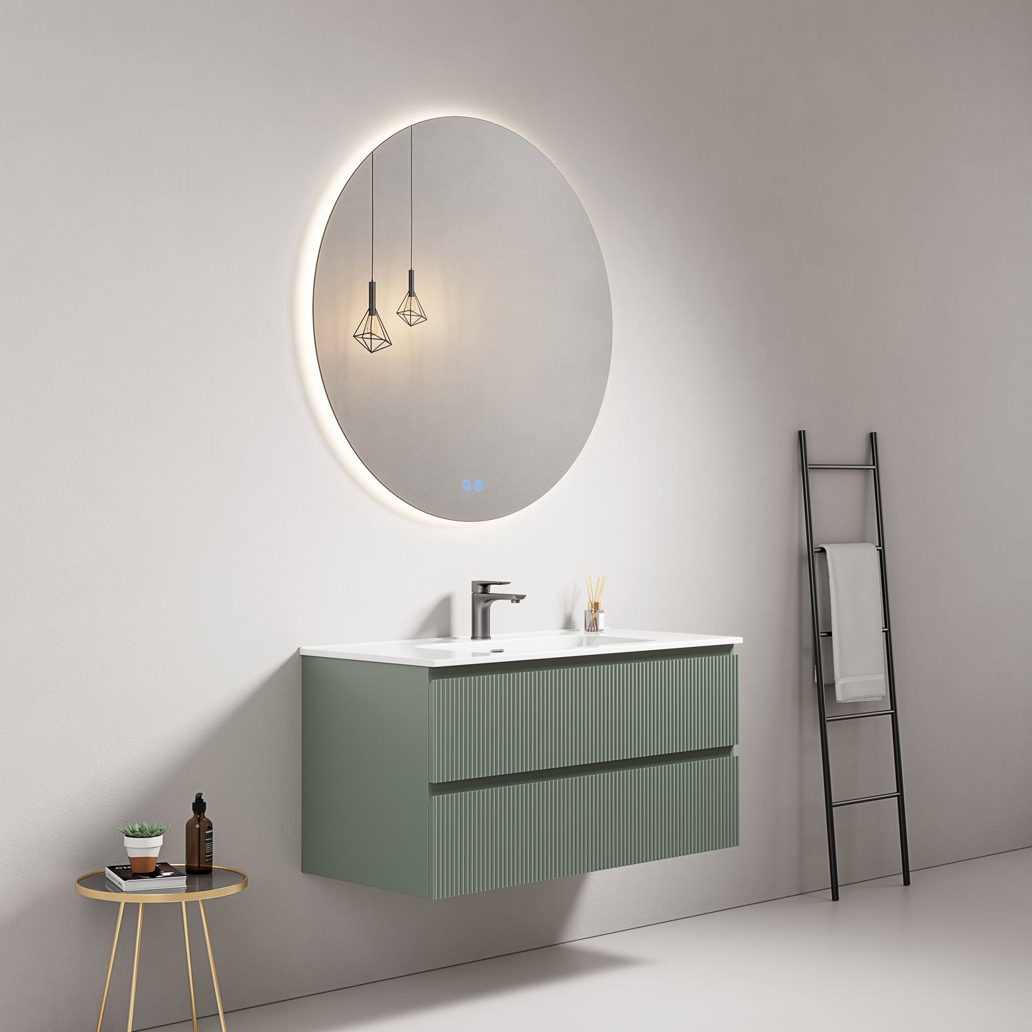 Mobile bagno sospeso cannettato 100 cm Verde Salvia Lavabo in Ceramica Specchio Tondo Retroilluminato - Fiji Paint