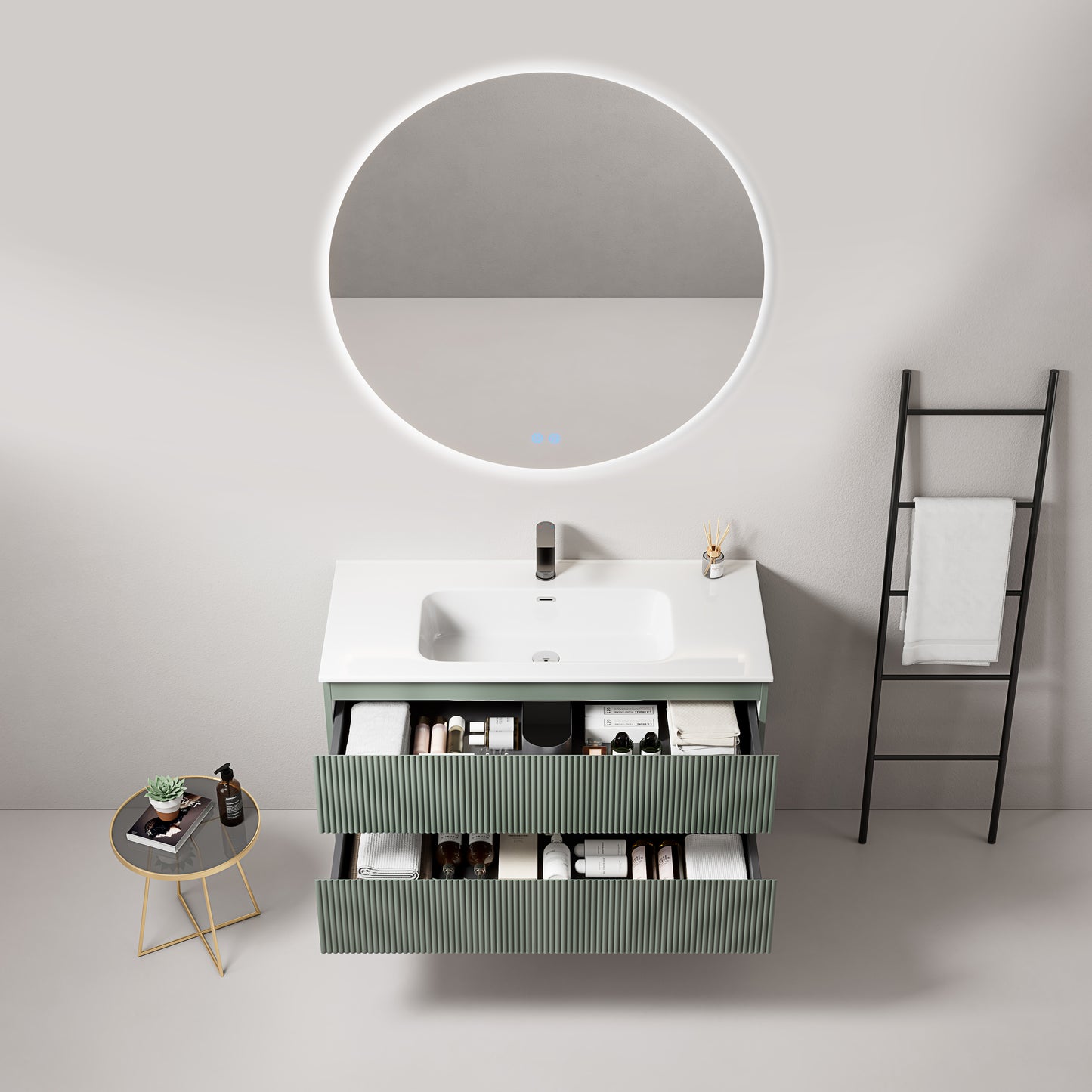 Mobile bagno sospeso cannettato 100 cm Verde Salvia Lavabo in Ceramica Specchio Tondo Retroilluminato - Fiji Paint