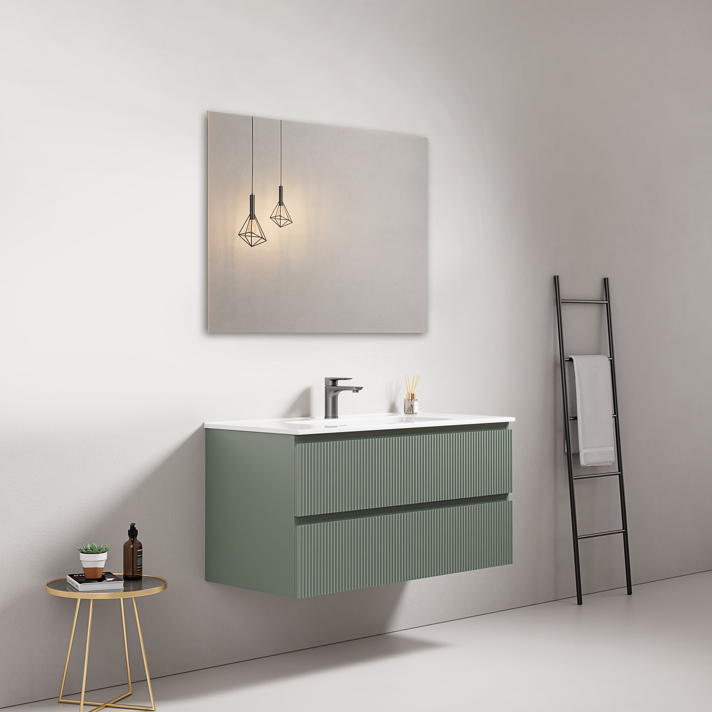 Mobile bagno sospeso cannettato 100 cm Verde Salvia Lavabo in Ceramica Specchio Quadro - Fiji Paint