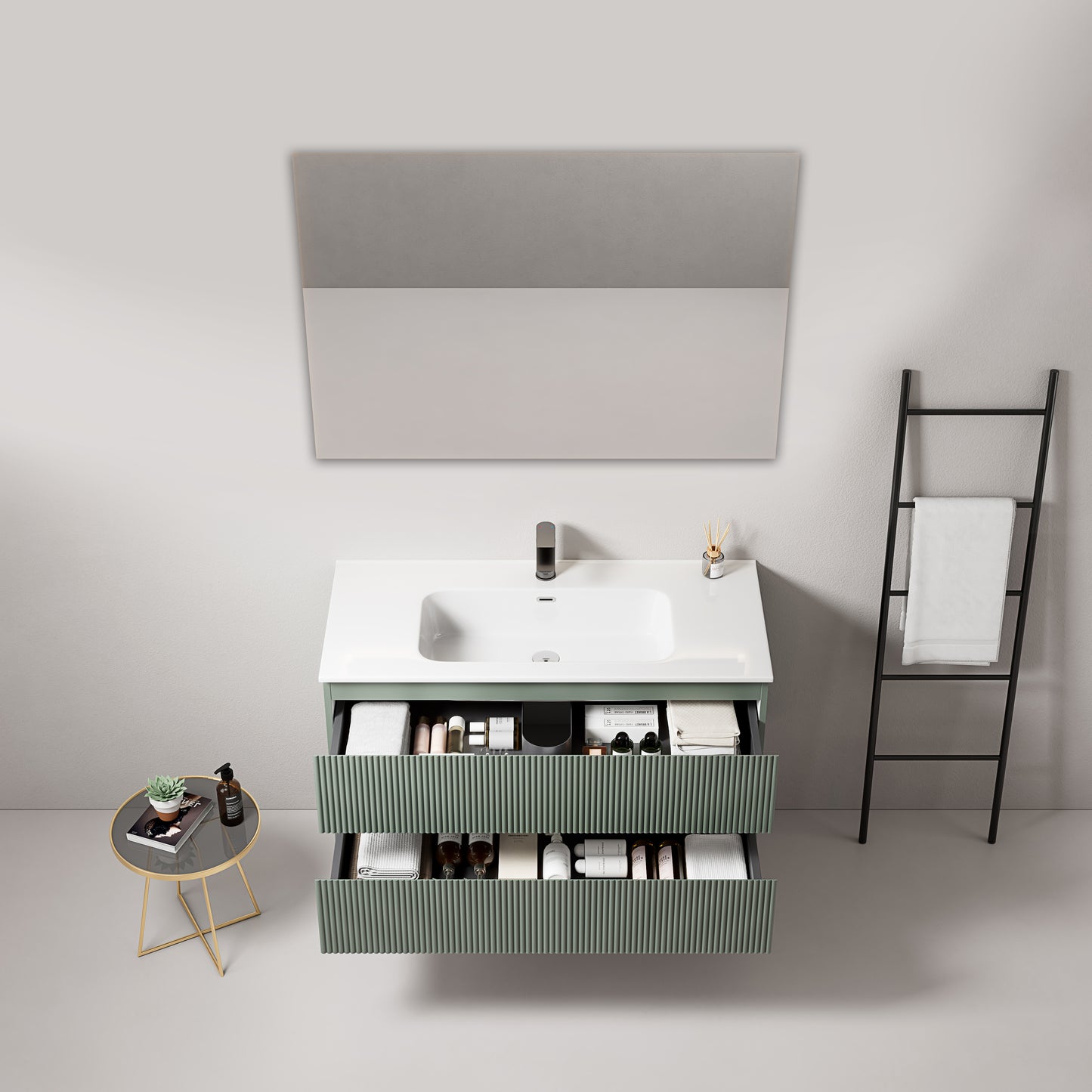 Mobile bagno sospeso cannettato 100 cm Verde Salvia Lavabo in Ceramica Specchio Quadro - Fiji Paint