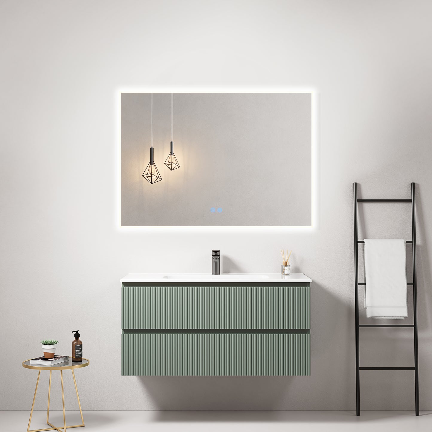 Mobile bagno sospeso cannettato 100 cm Verde Salvia Lavabo in Ceramica Specchio Quadro Retroilluminato - Fiji Paint