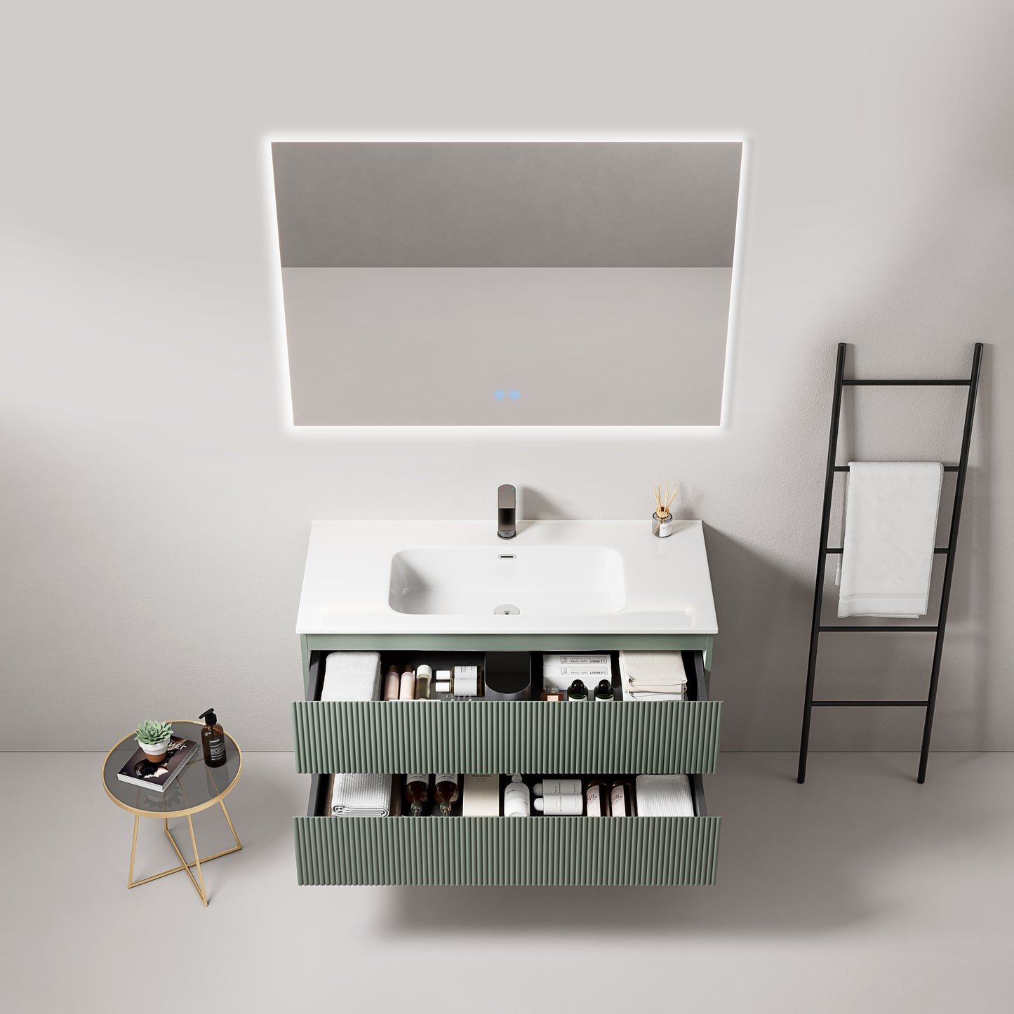 Mobile bagno sospeso cannettato 100 cm Verde Salvia Lavabo in Ceramica Specchio Quadro Retroilluminato - Fiji Paint
