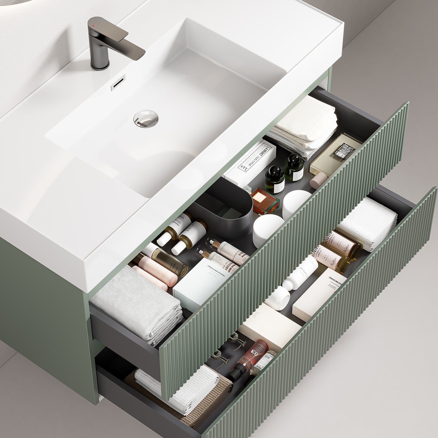 Mobile bagno sospeso cannettato 100 cm Verde Salvia Lavabo in Resina Specchio Tondo - Fiji Paint