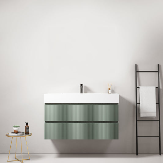 Mobile bagno sospeso cannettato 100 cm Verde Salvia Lavabo in Resina Senza Specchio - Fiji Paint