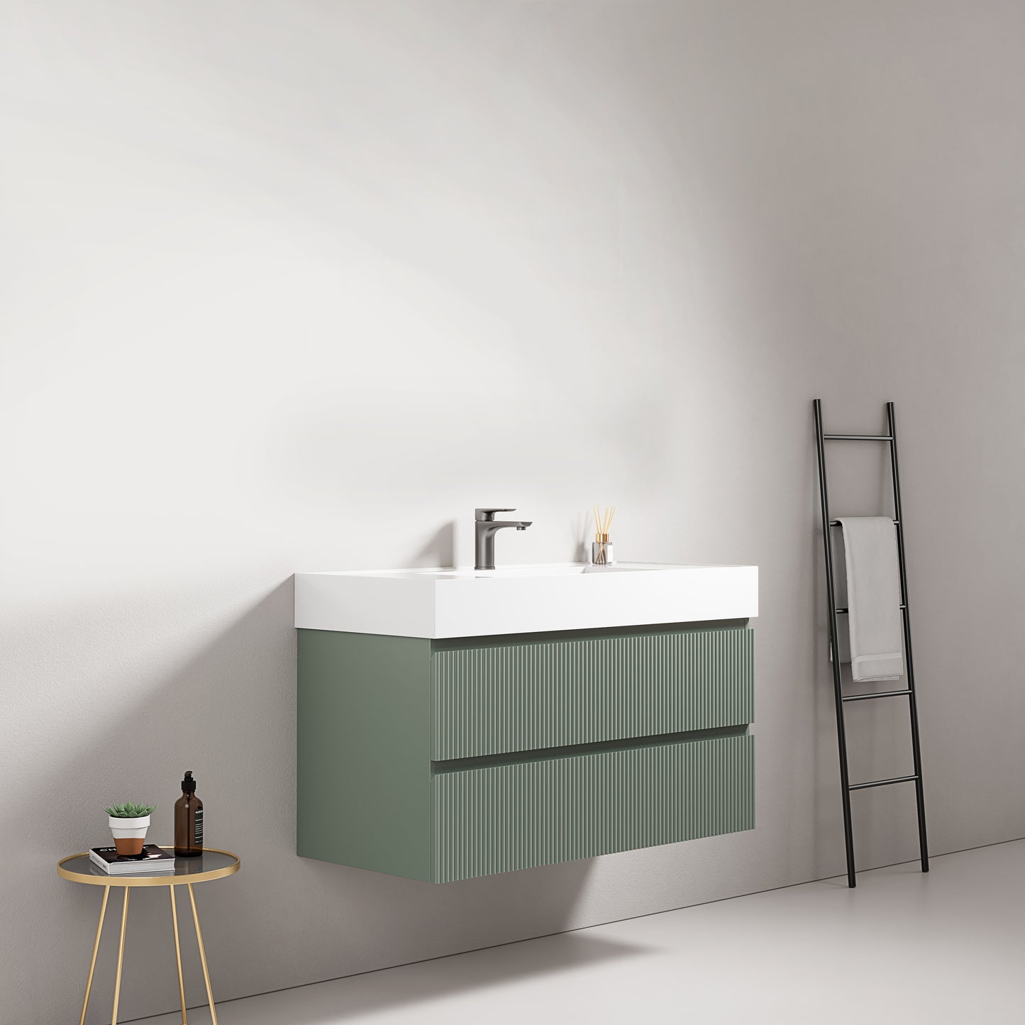 Mobile bagno sospeso cannettato 100 cm Verde Salvia Lavabo in Resina Senza Specchio - Fiji Paint