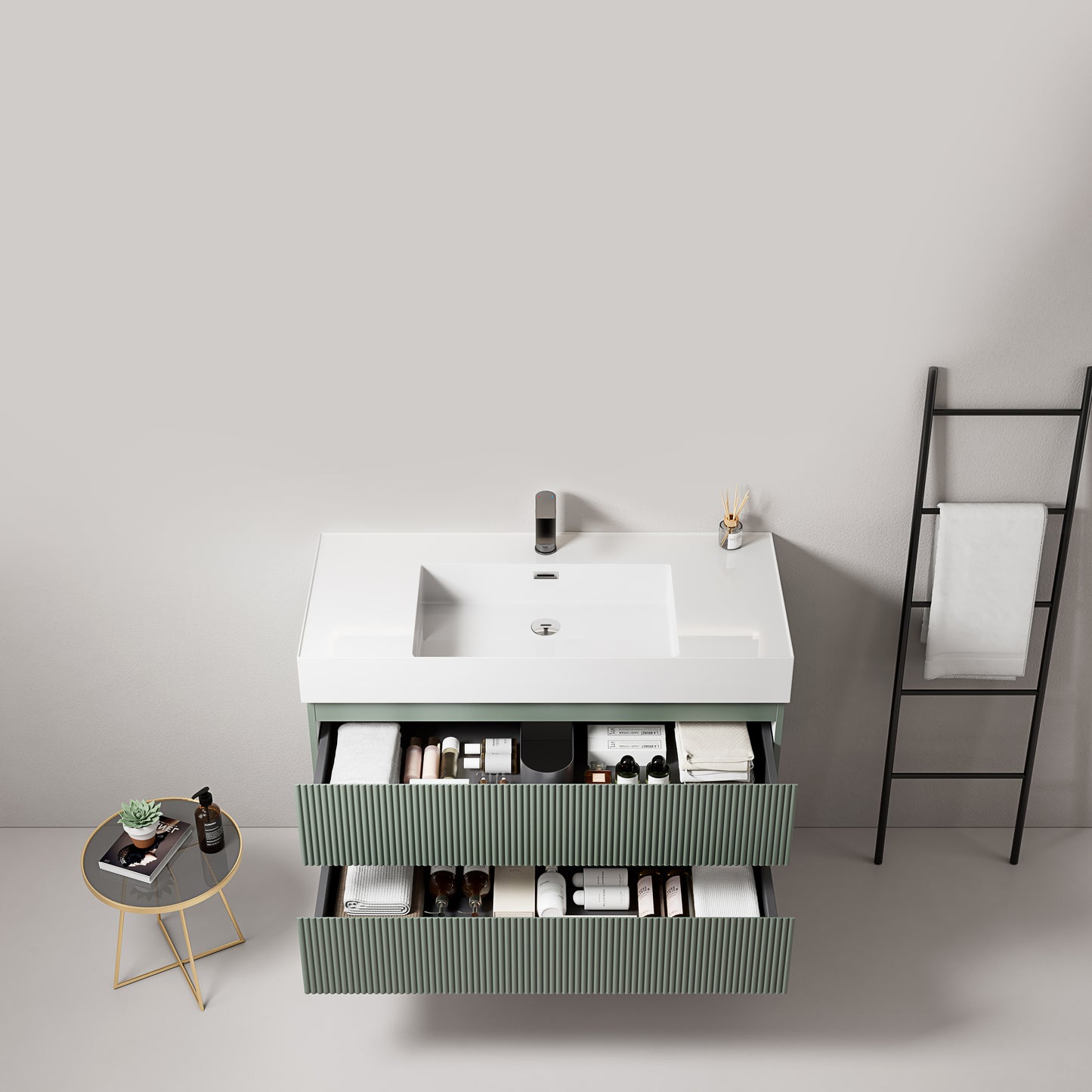 Mobile bagno sospeso cannettato 100 cm Verde Salvia Lavabo in Resina Senza Specchio - Fiji Paint
