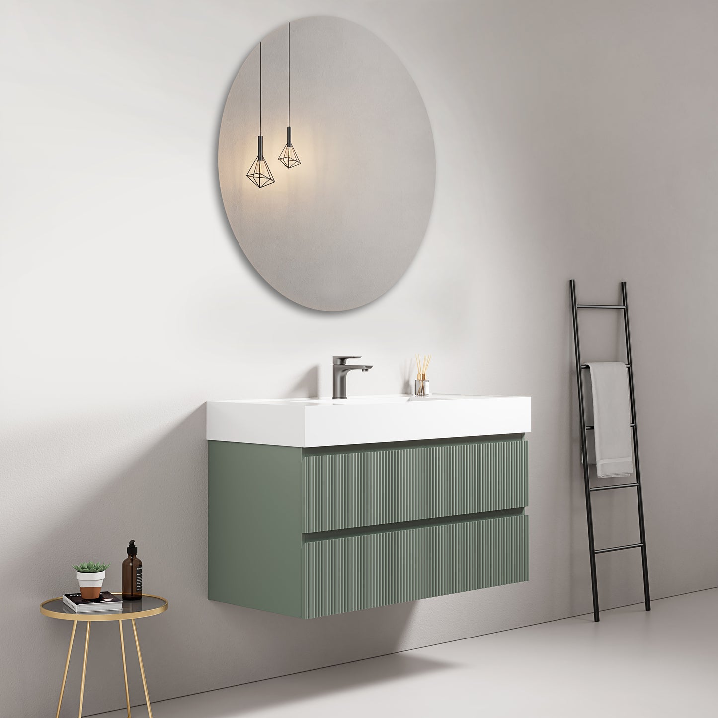 Mobile bagno sospeso cannettato 100 cm Verde Salvia Lavabo in Resina Specchio Tondo - Fiji Paint