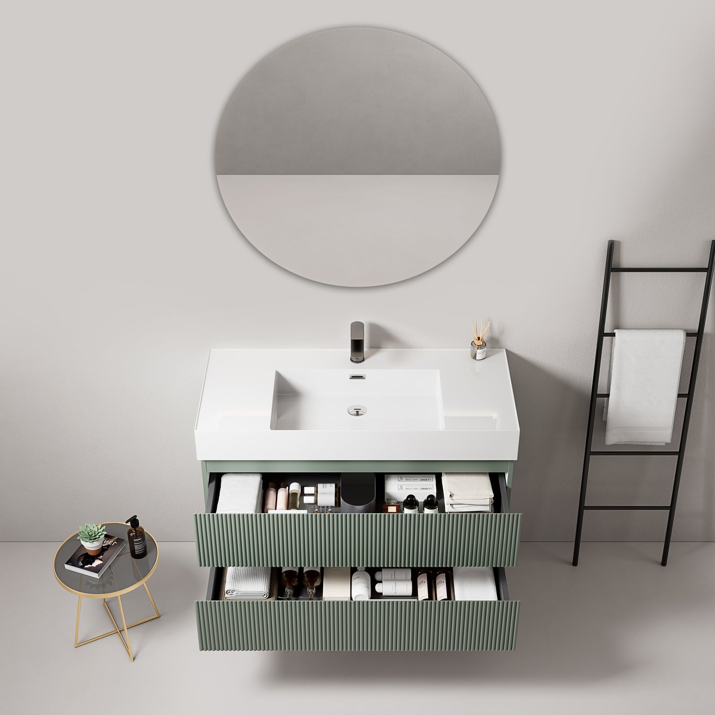 Mobile bagno sospeso cannettato 100 cm Verde Salvia Lavabo in Resina Specchio Tondo - Fiji Paint