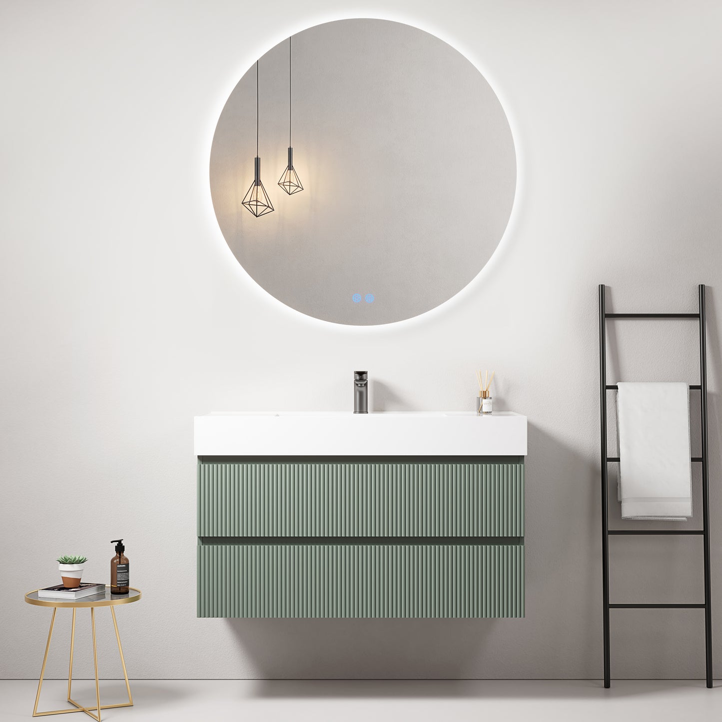 Mobile bagno sospeso cannettato 100 cm Verde Salvia Lavabo in Resina Specchio Tondo Retroilluminato - Fiji Paint