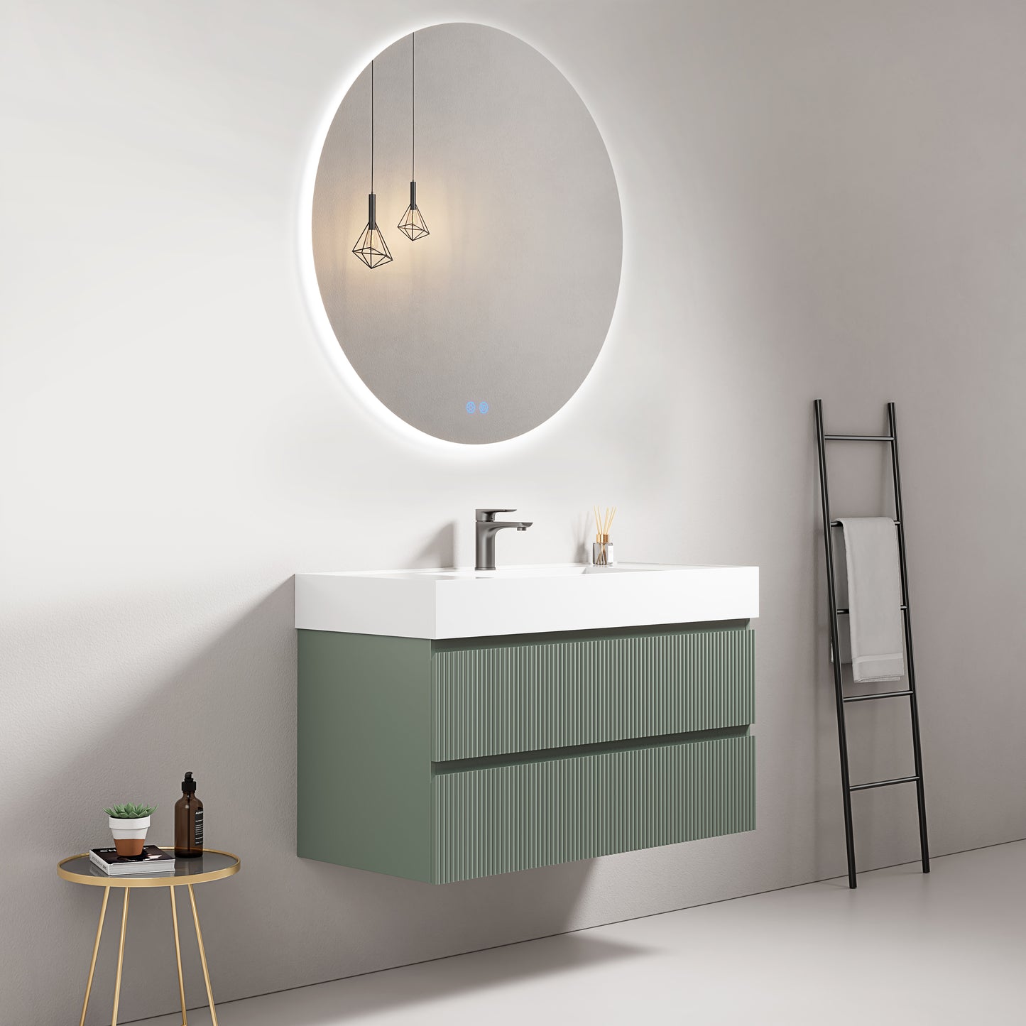 Mobile bagno sospeso cannettato 100 cm Verde Salvia Lavabo in Resina Specchio Tondo Retroilluminato - Fiji Paint
