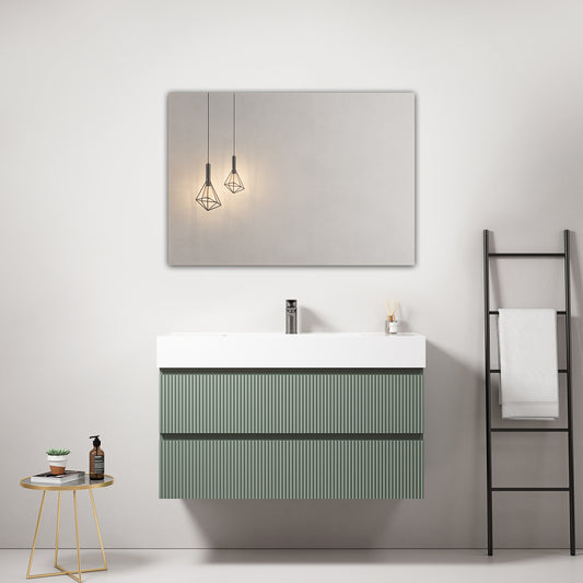 Mobile bagno sospeso cannettato 100 cm Verde Salvia Lavabo in Resina Specchio Quadro - Fiji Paint