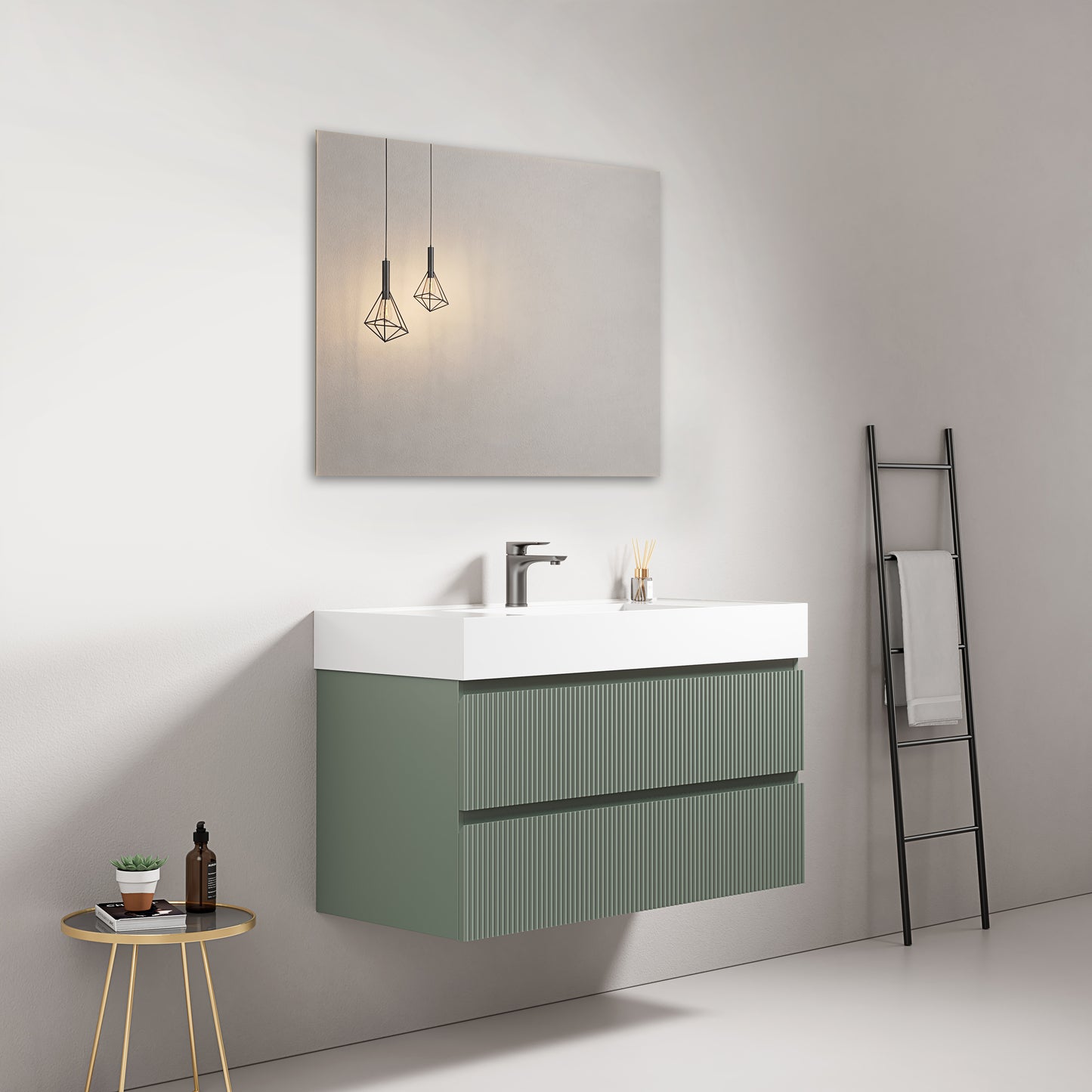 Mobile bagno sospeso cannettato 100 cm Verde Salvia Lavabo in Resina Specchio Quadro - Fiji Paint