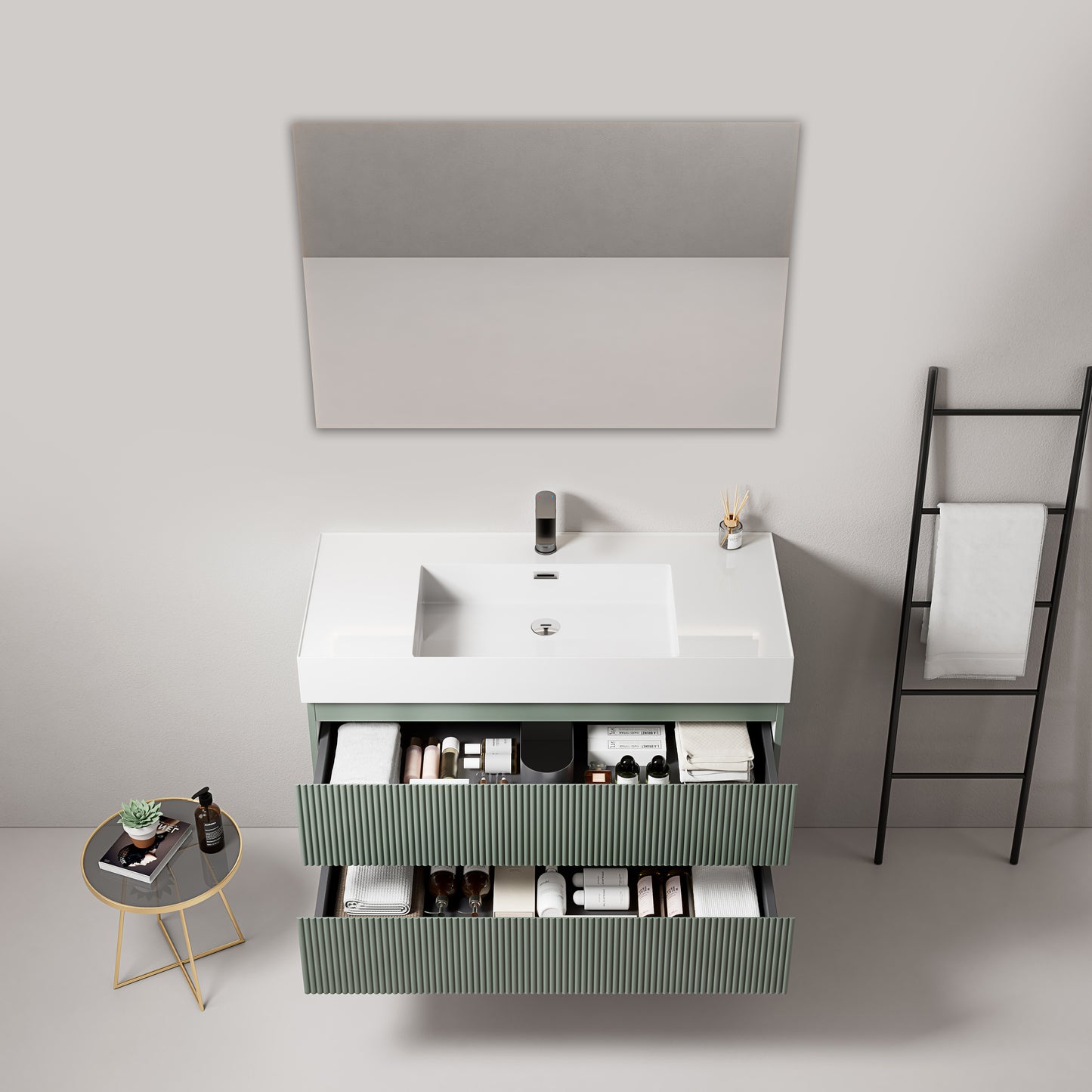 Mobile bagno sospeso cannettato 100 cm Verde Salvia Lavabo in Resina Specchio Quadro - Fiji Paint