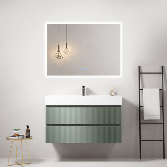 Mobile bagno sospeso cannettato 100 cm Verde Salvia Lavabo in Resina Specchio Quadro Retroilluminato - Fiji Paint