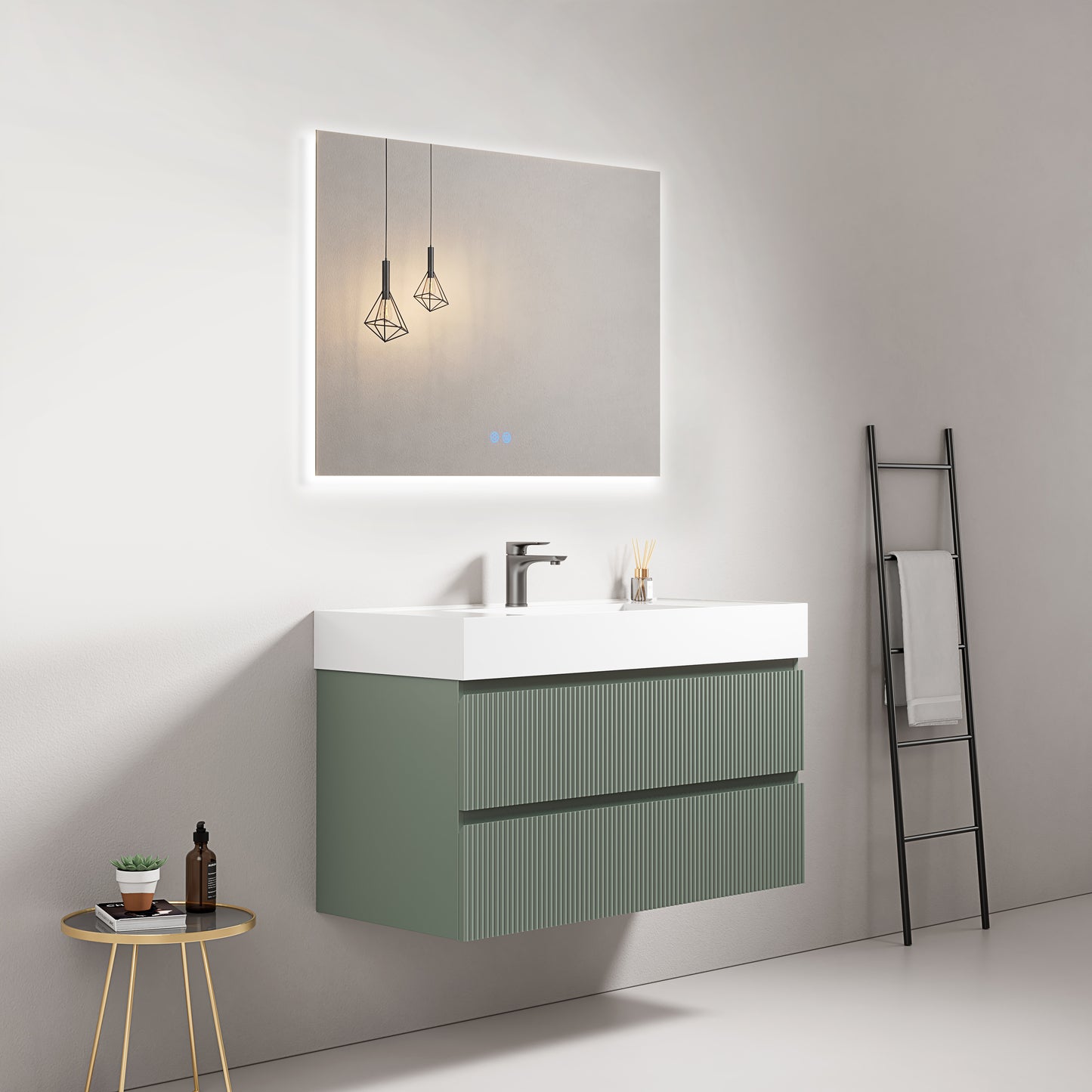 Mobile bagno sospeso cannettato 100 cm Verde Salvia Lavabo in Resina Specchio Quadro Retroilluminato - Fiji Paint