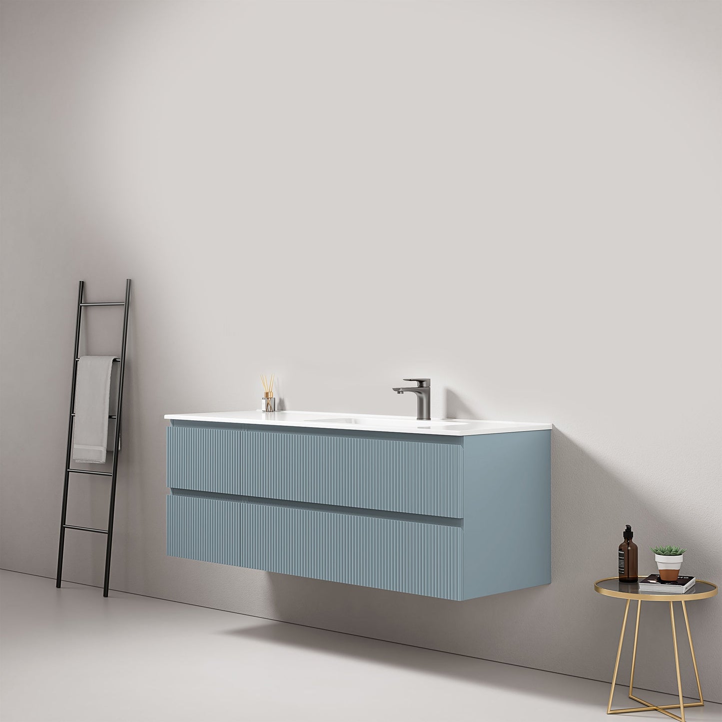 Mobile bagno sospeso cannettato 140 cm Blu Avio Lavabo a Destra in Resina Senza Specchio - Fiji Paint