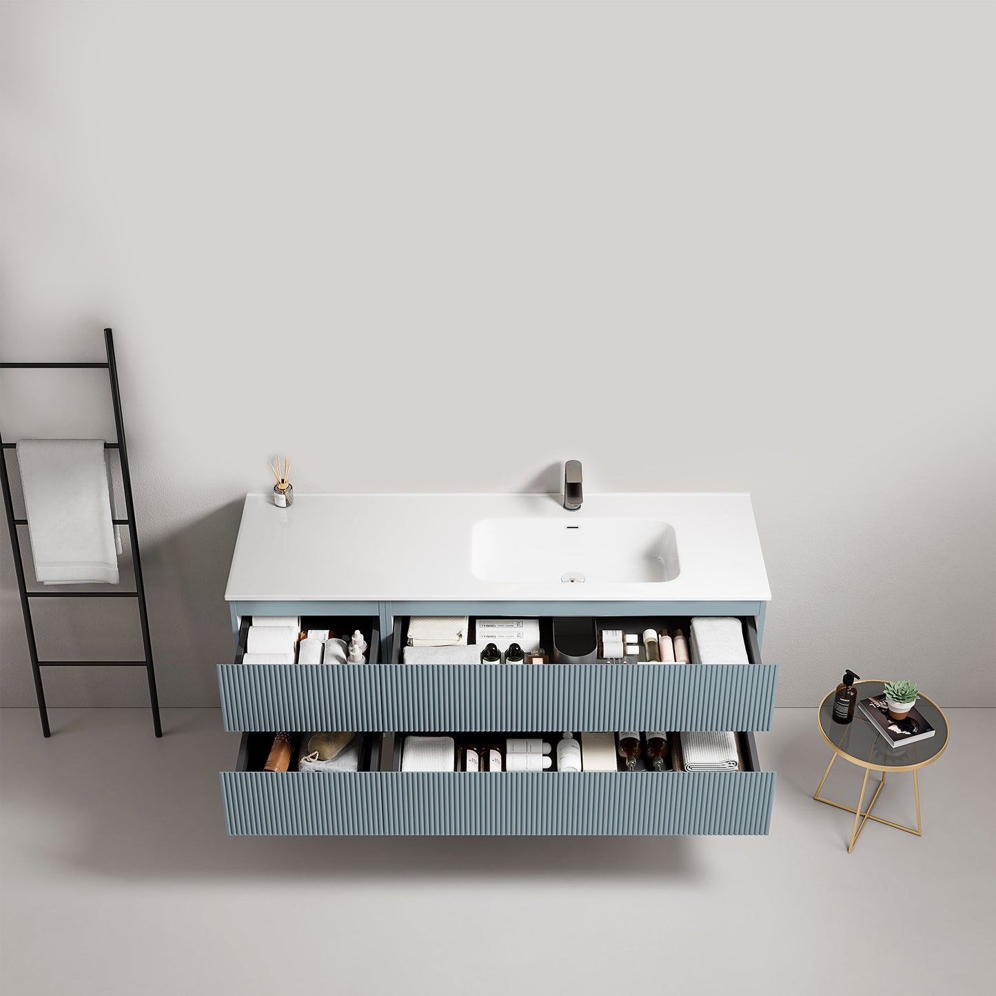 Mobile bagno sospeso cannettato 140 cm Blu Avio Lavabo a Destra in Resina Senza Specchio - Fiji Paint