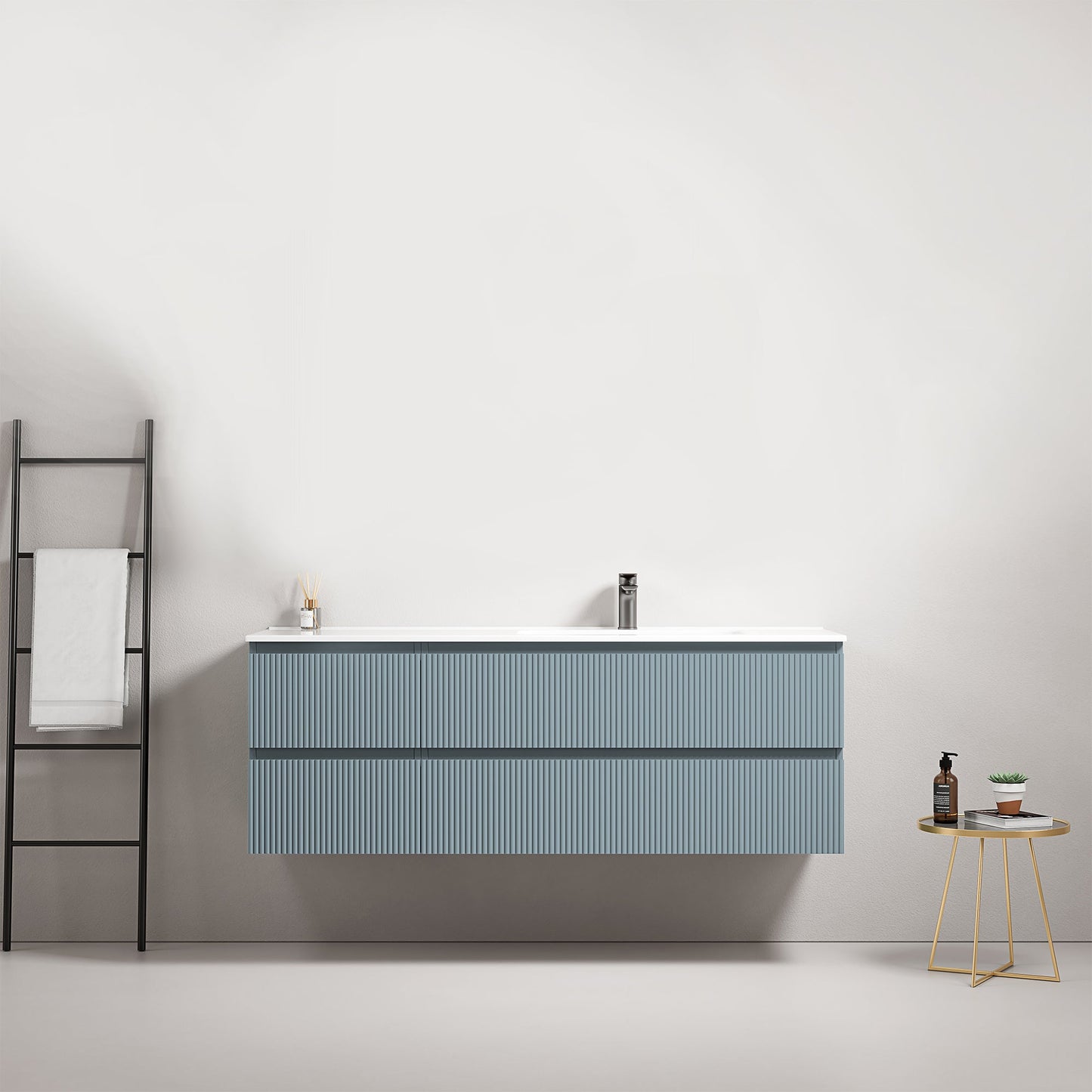 Mobile bagno sospeso cannettato 140 cm Blu Avio Lavabo a Destra in Resina Senza Specchio - Fiji Paint