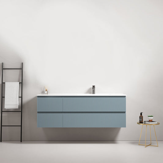 Mobile bagno sospeso cannettato 140 cm Blu Avio Lavabo a Destra in Resina Senza Specchio - Fiji Paint