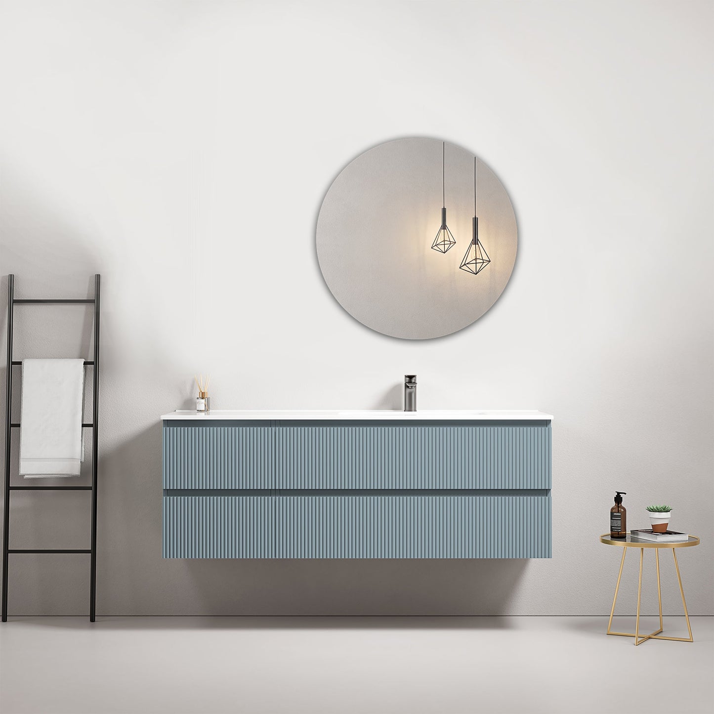 Mobile bagno sospeso cannettato 140 cm Blu Avio Lavabo a Destra in Resina Specchio Tondo - Fiji Paint