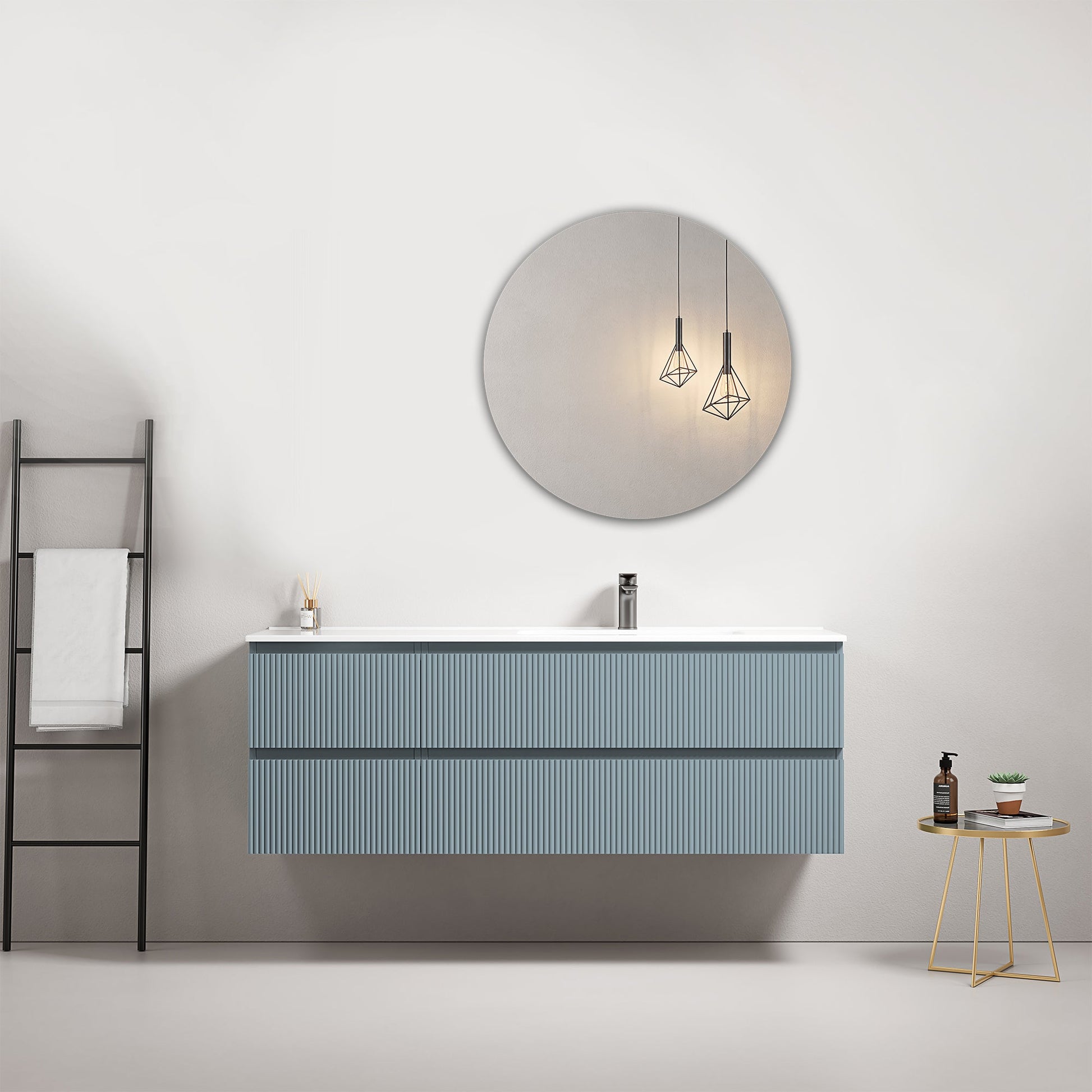 Mobile bagno sospeso cannettato 140 cm Blu Avio Lavabo a Destra in Resina Specchio Tondo - Fiji Paint