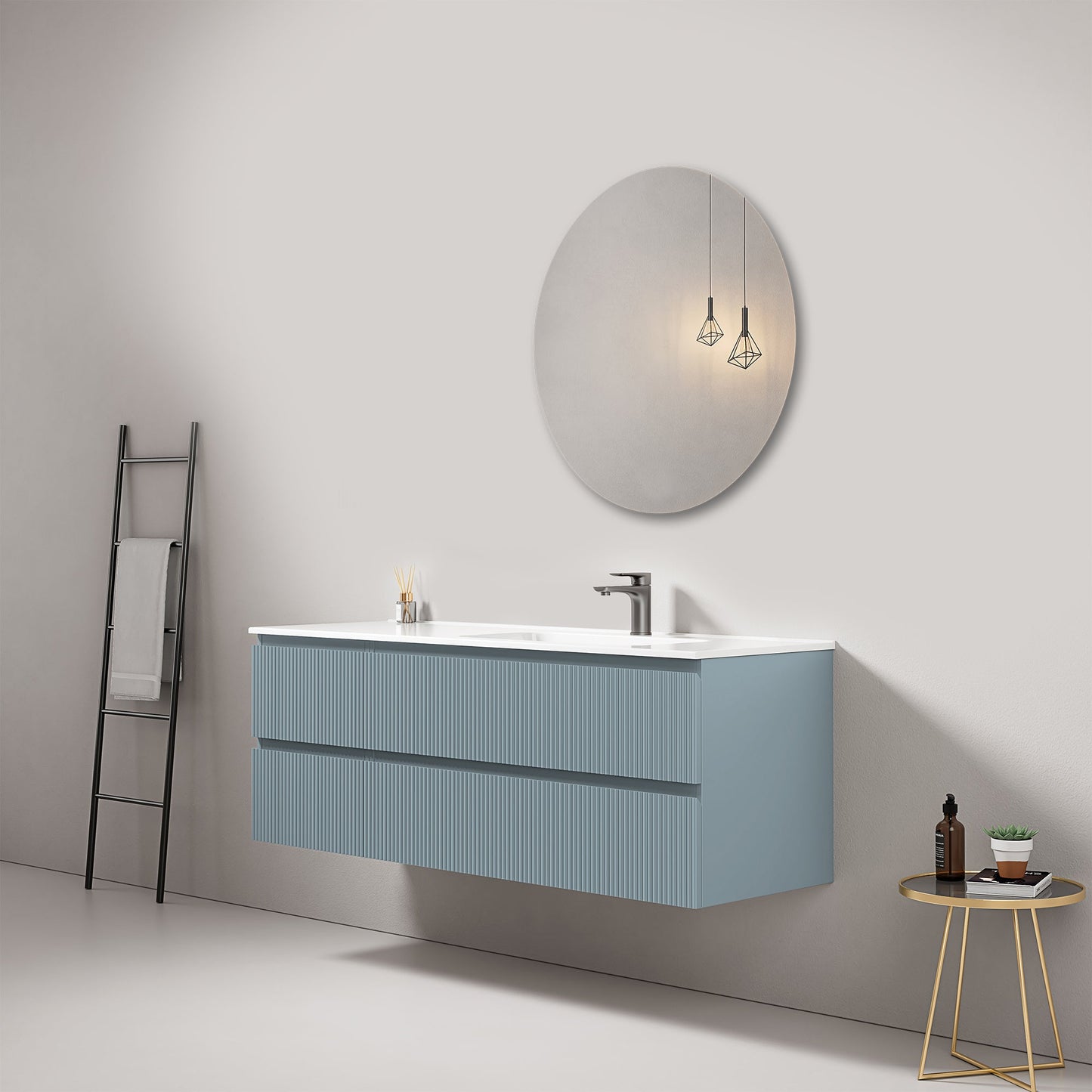 Mobile bagno sospeso cannettato 140 cm Blu Avio Lavabo a Destra in Resina Specchio Tondo - Fiji Paint
