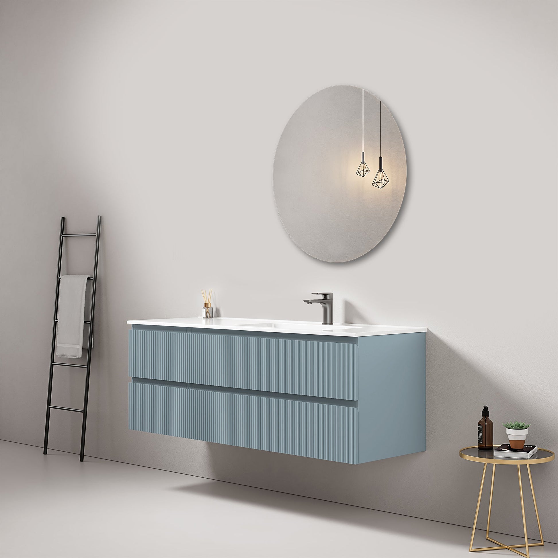 Mobile bagno sospeso cannettato 140 cm Blu Avio Lavabo a Destra in Resina Specchio Tondo - Fiji Paint