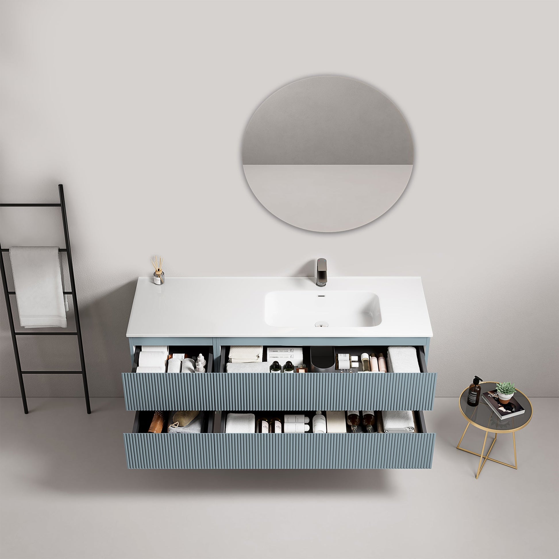 Mobile bagno sospeso cannettato 140 cm Blu Avio Lavabo a Destra in Resina Specchio Tondo - Fiji Paint
