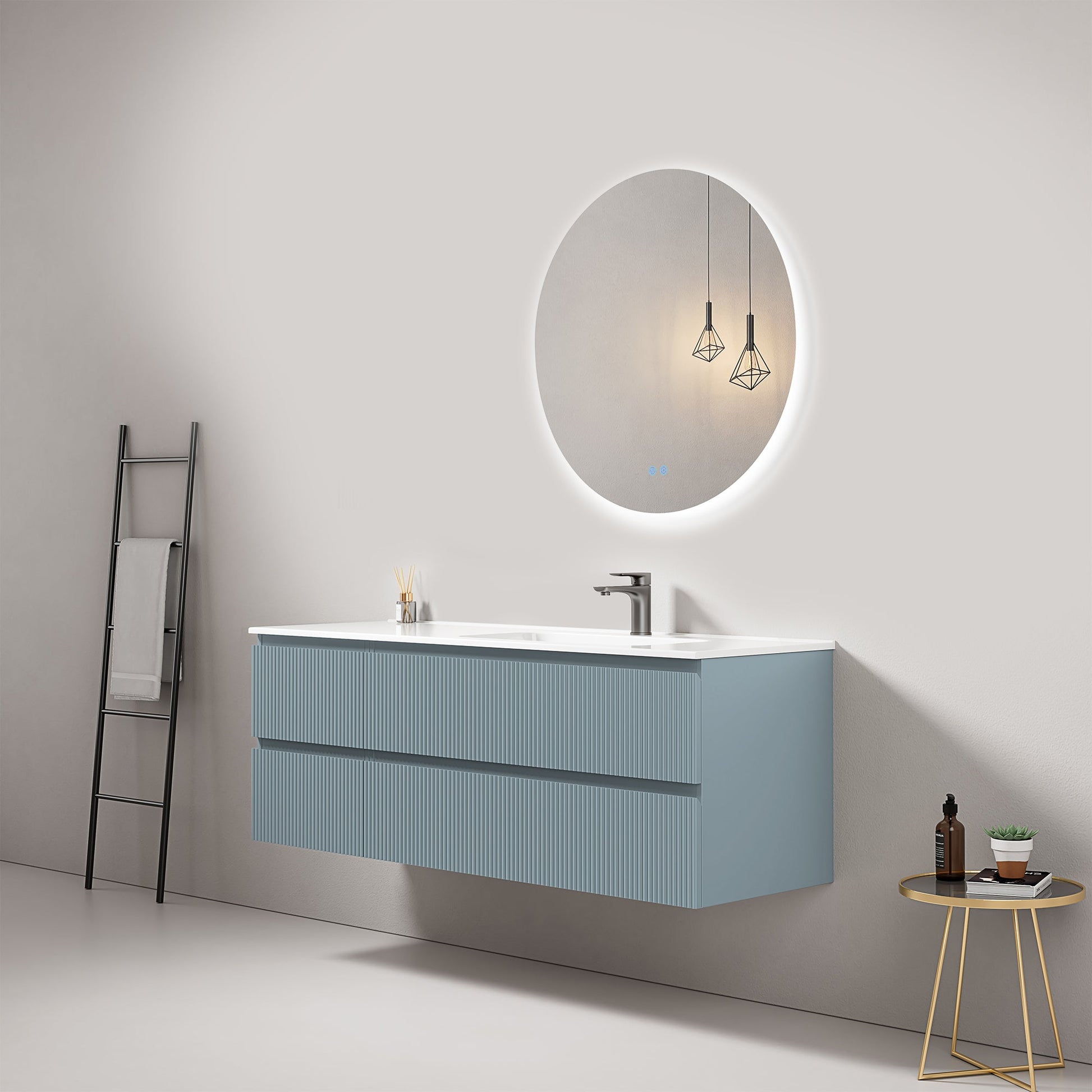 Mobile bagno sospeso cannettato 140 cm Blu Avio Lavabo a Destra in Resina Specchio Tondo Retroilluminato - Fiji Paint
