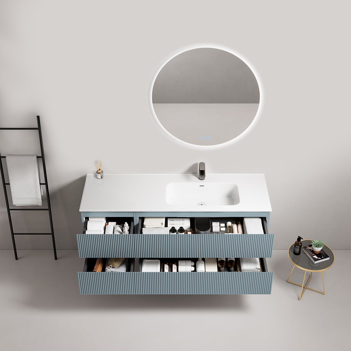 Mobile bagno sospeso cannettato 140 cm Blu Avio Lavabo a Destra in Resina Specchio Tondo Retroilluminato - Fiji Paint