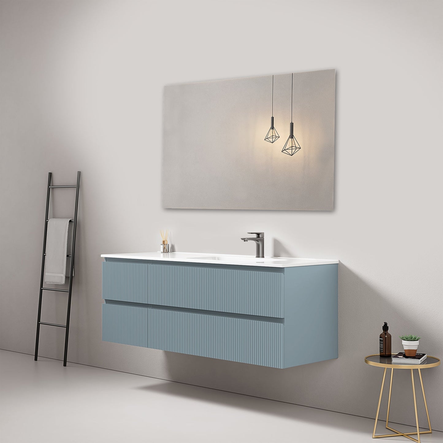Mobile bagno sospeso cannettato 140 cm Blu Avio Lavabo a Destra in Resina Specchio Quadro - Fiji Paint