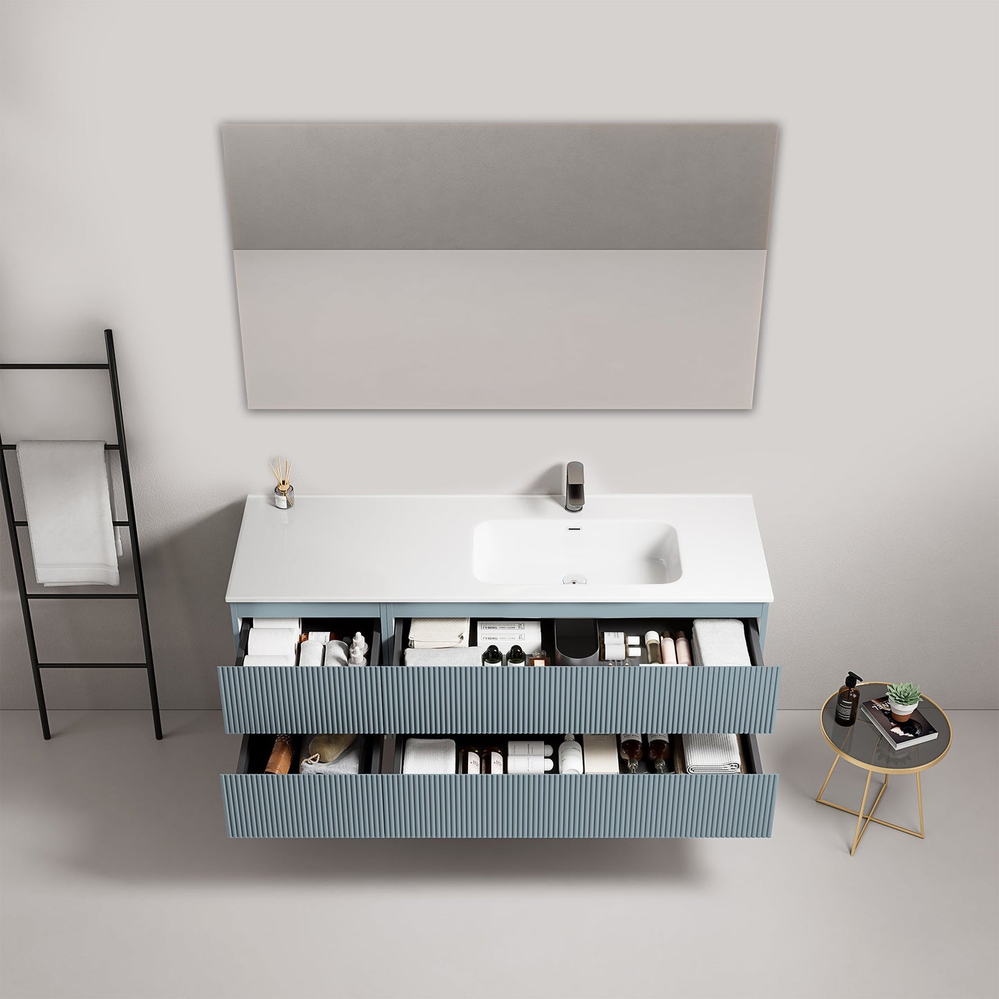 Mobile bagno sospeso cannettato 140 cm Blu Avio Lavabo a Destra in Resina Specchio Quadro - Fiji Paint