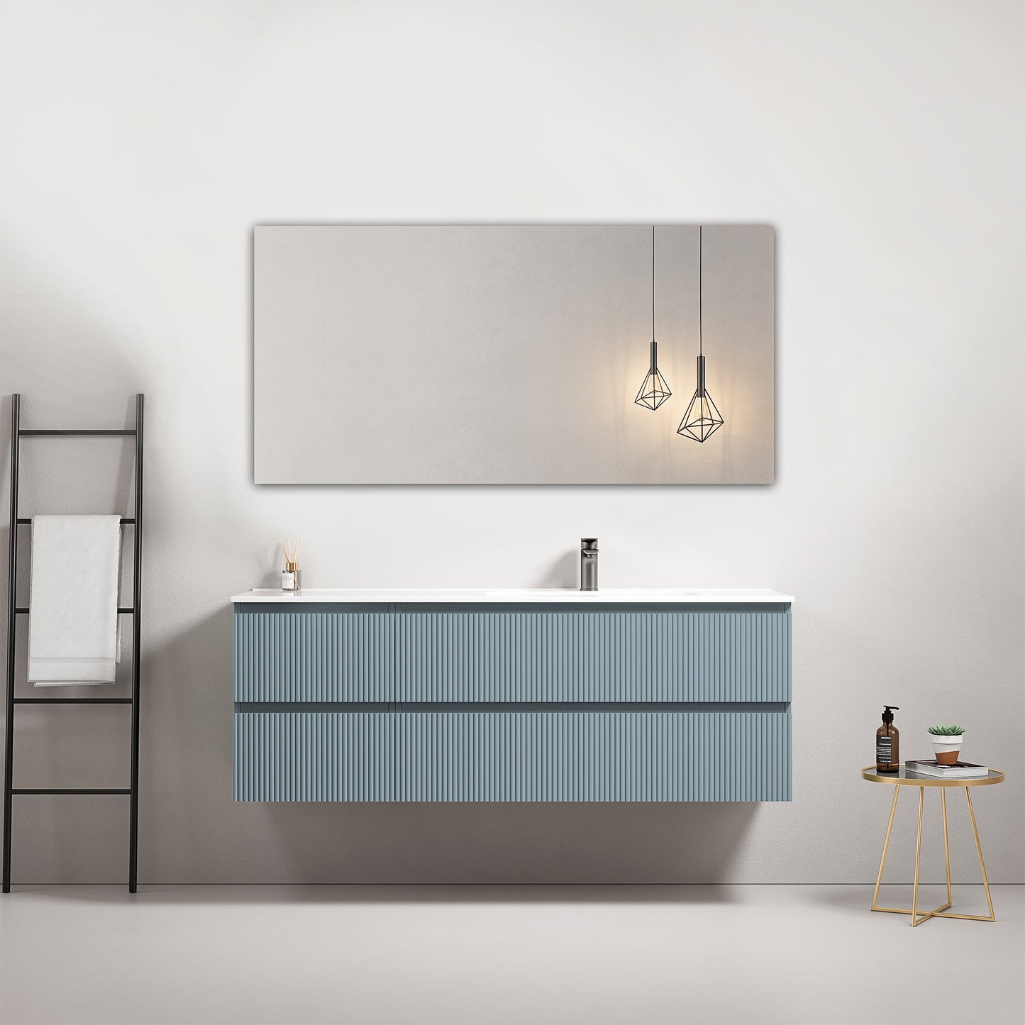 Mobile bagno sospeso cannettato 140 cm Blu Avio Lavabo a Destra in Resina Specchio Quadro - Fiji Paint