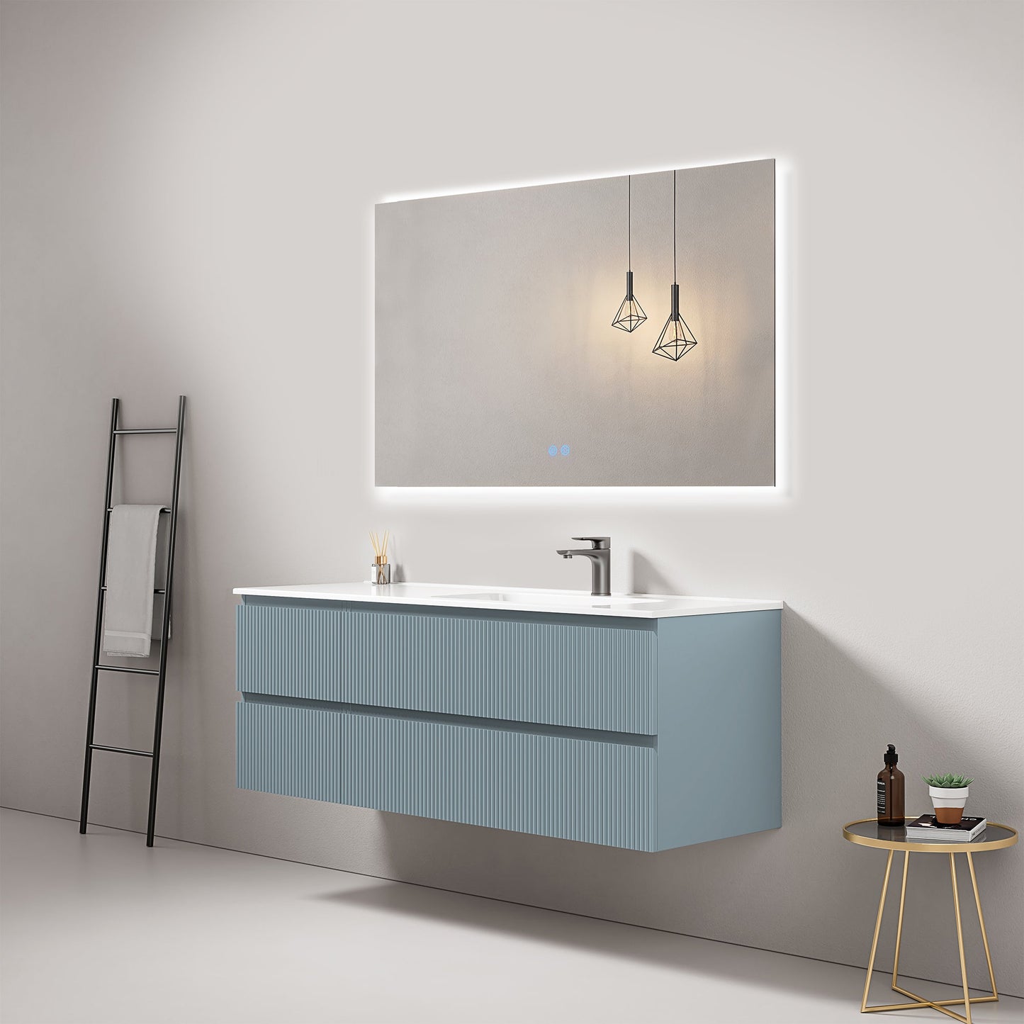 Mobile bagno sospeso cannettato 140 cm Blu Avio Lavabo a Destra in Resina Specchio Quadro Retroilluminato - Fiji Paint