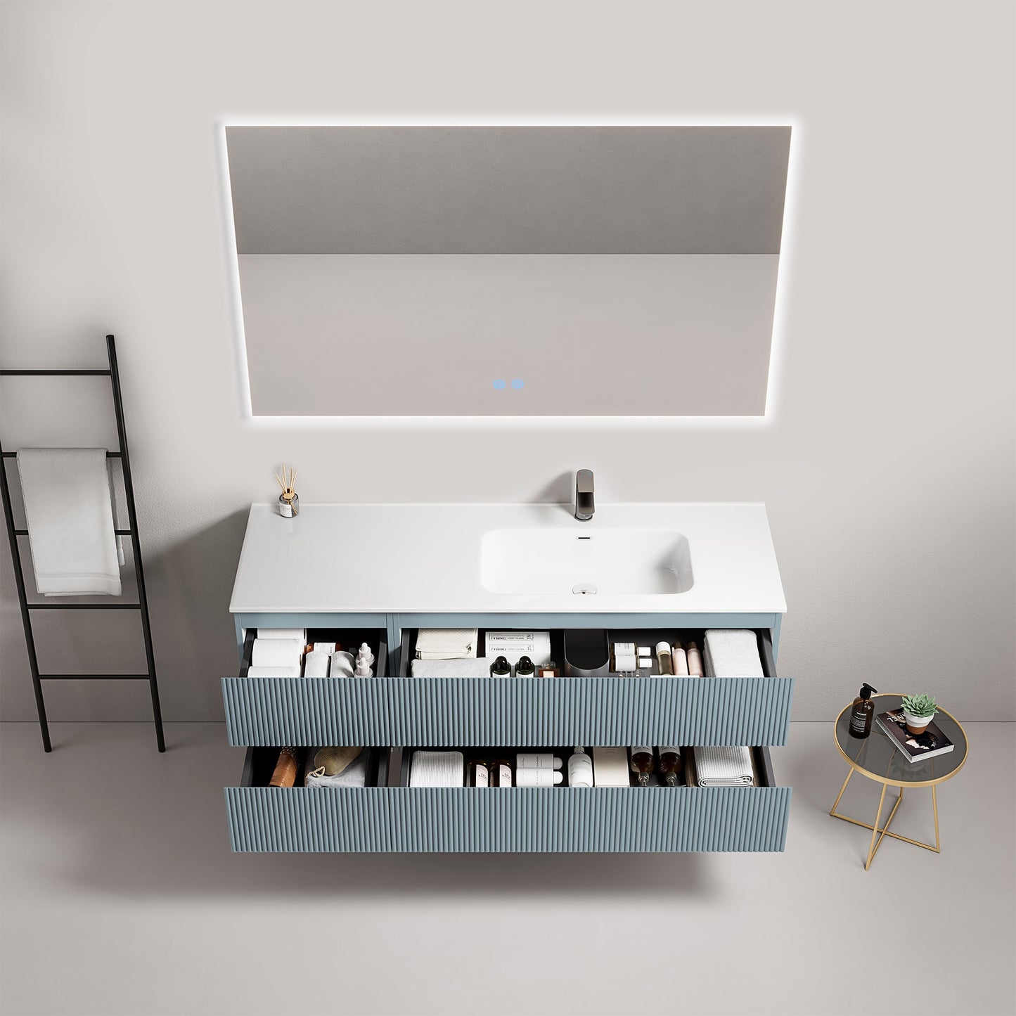 Mobile bagno sospeso cannettato 140 cm Blu Avio Lavabo a Destra in Resina Specchio Quadro Retroilluminato - Fiji Paint