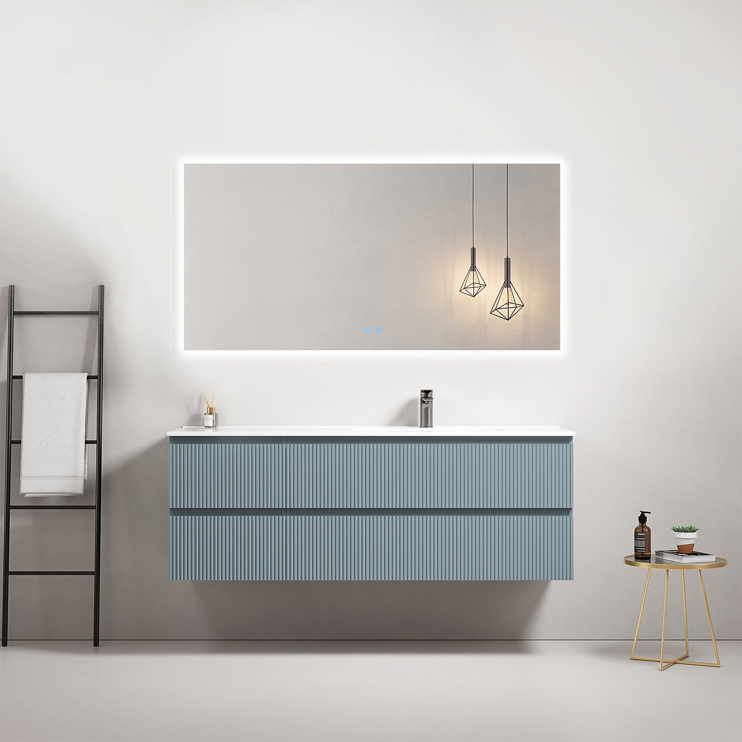 Mobile bagno sospeso cannettato 140 cm Blu Avio Lavabo a Destra in Resina Specchio Quadro Retroilluminato - Fiji Paint